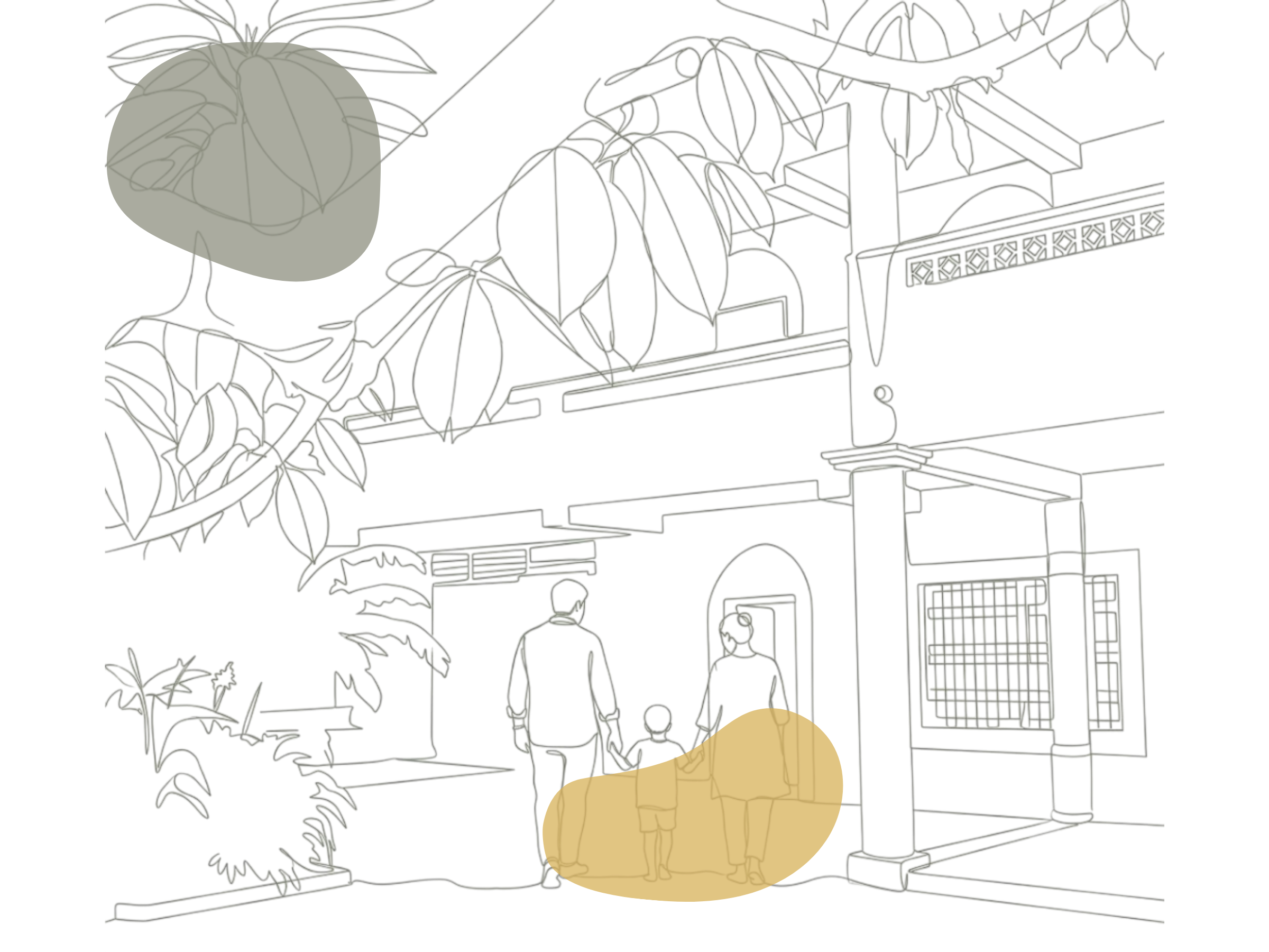 Line-art illustration of the Satya Aspire Center building surrounded by trees and greenery