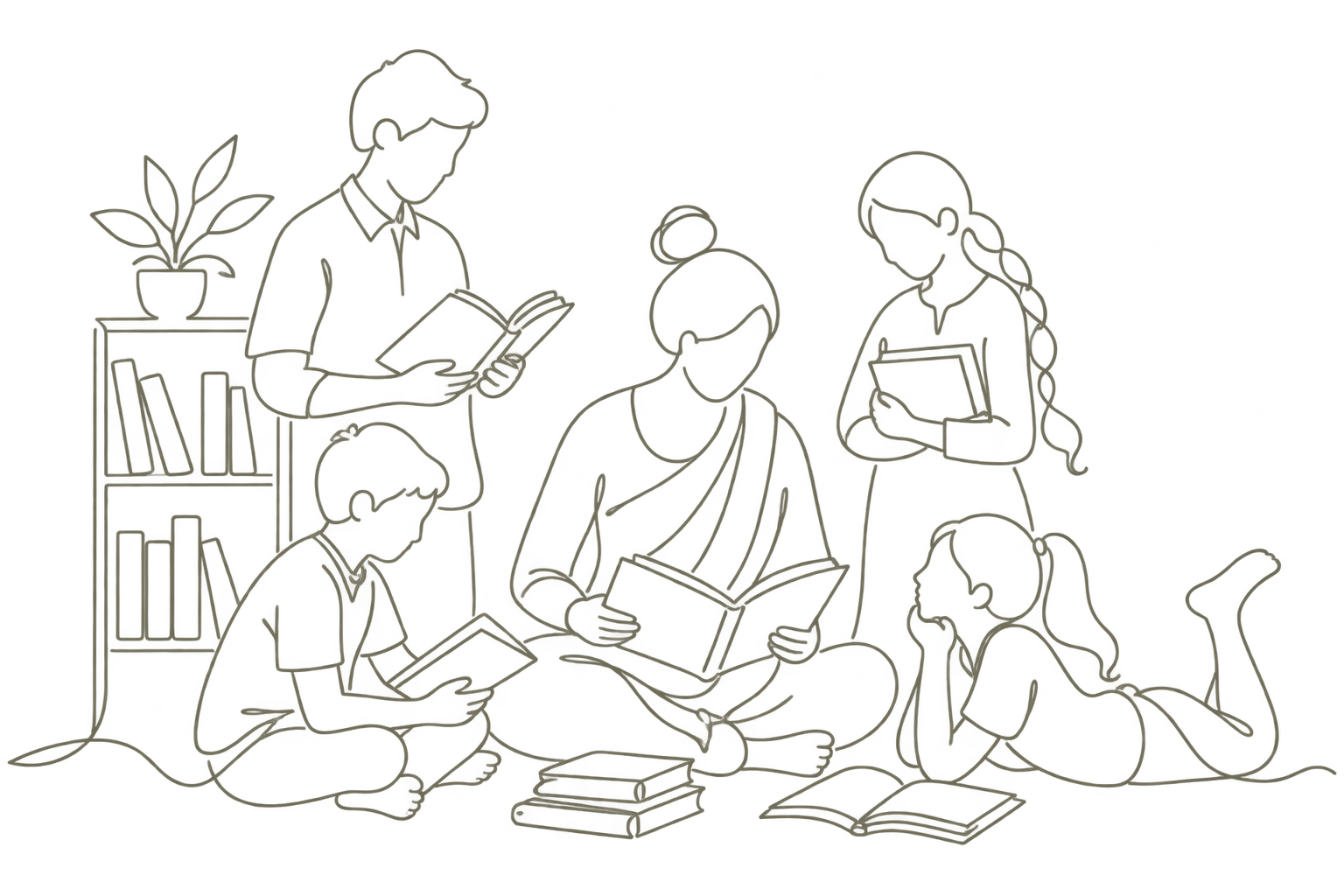 One-line drawing illustrating the Library at Satya Aspire Center