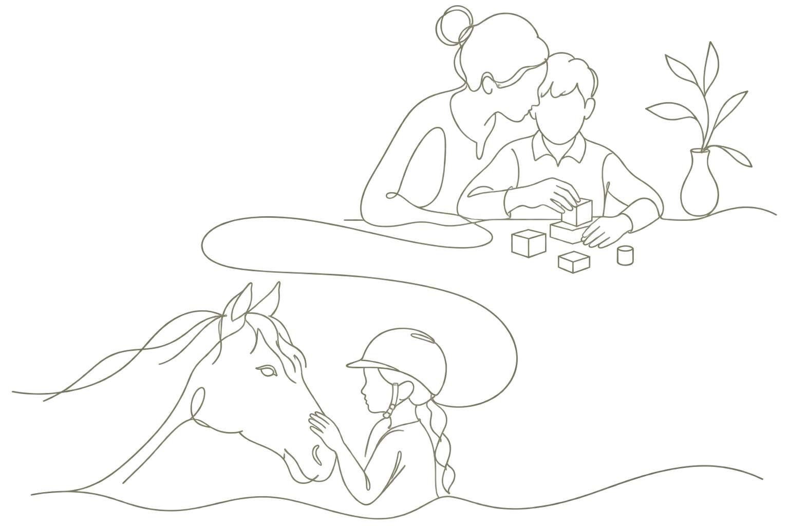 One-line drawing illustrating care and support at Satya Aspire Center