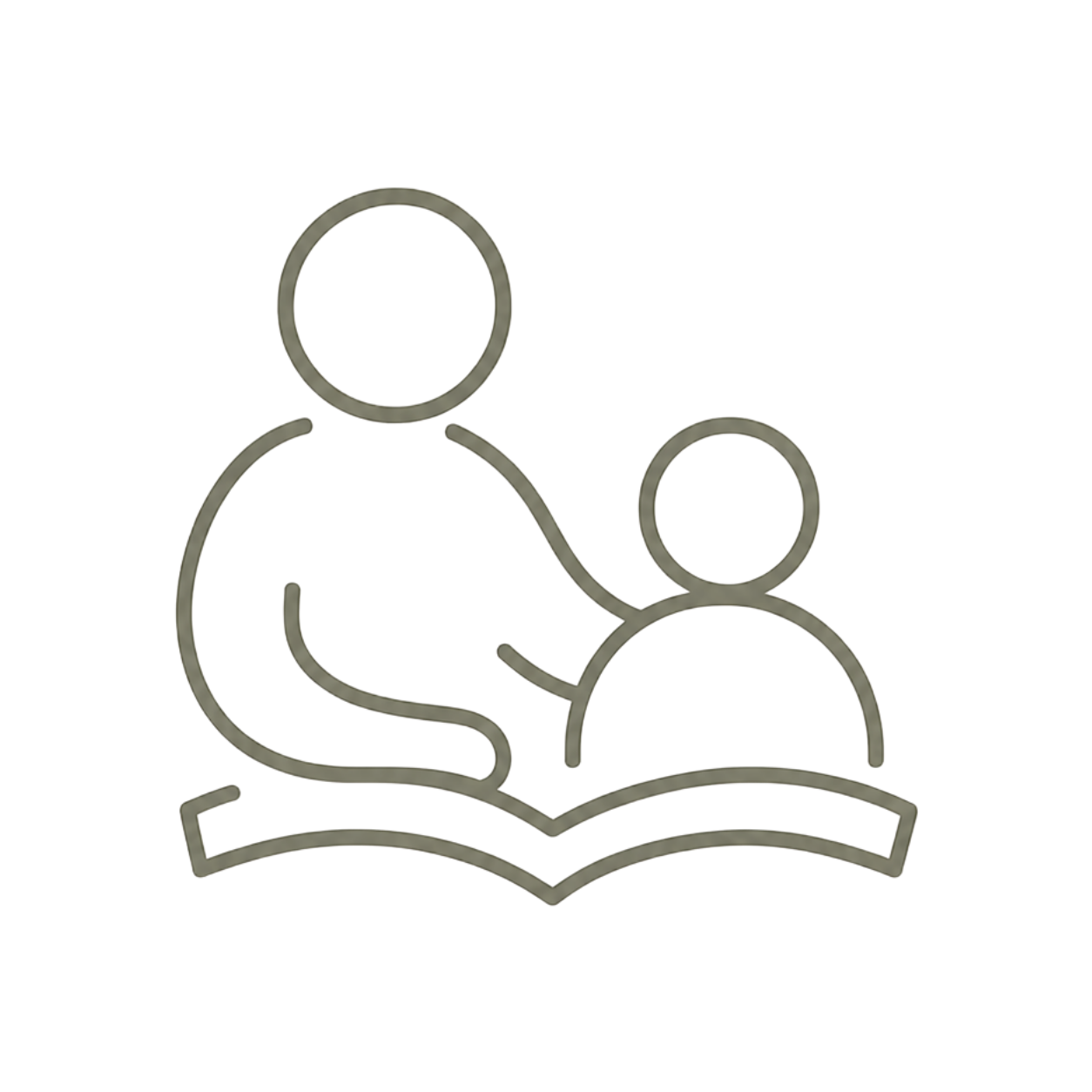 Line-art illustration of an adult reading a book with a child