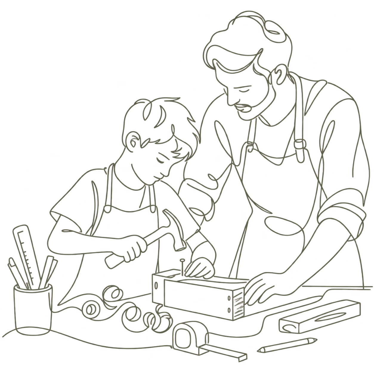 One-line drawing illustrating carpentry at Satya Aspire Center