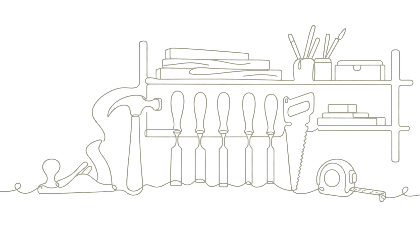 Line-art icon representing woodworking tools