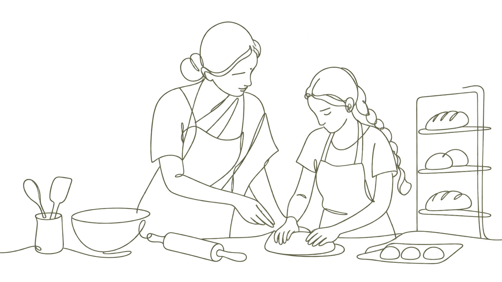 One-line drawing illustrating the bakery at Satya Aspire Center