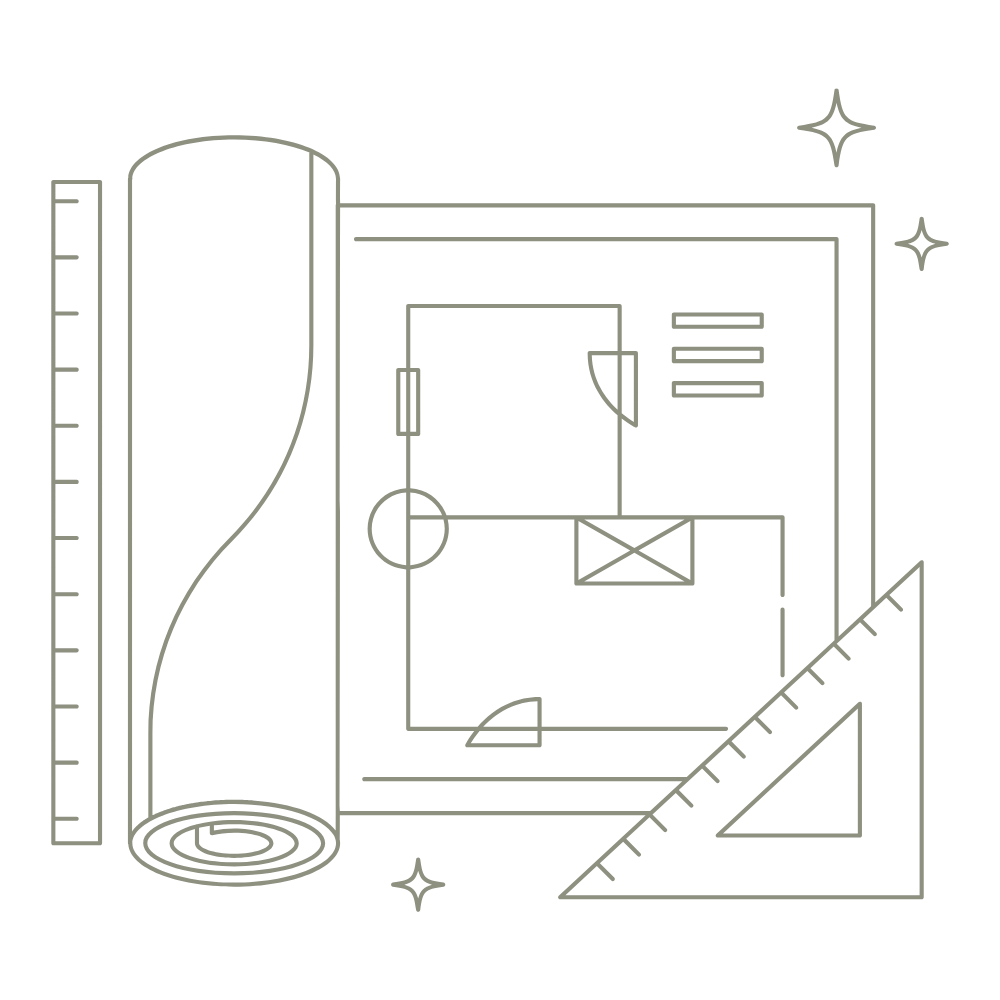 Line-art illustration representing spaces designed for everyday living