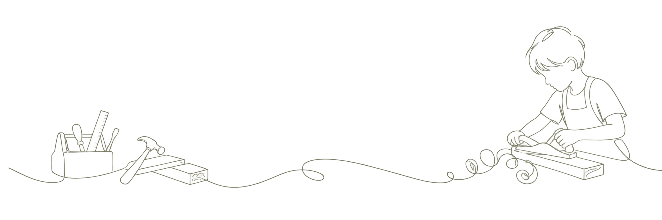 One-line drawing illustrating children creating something real with wood