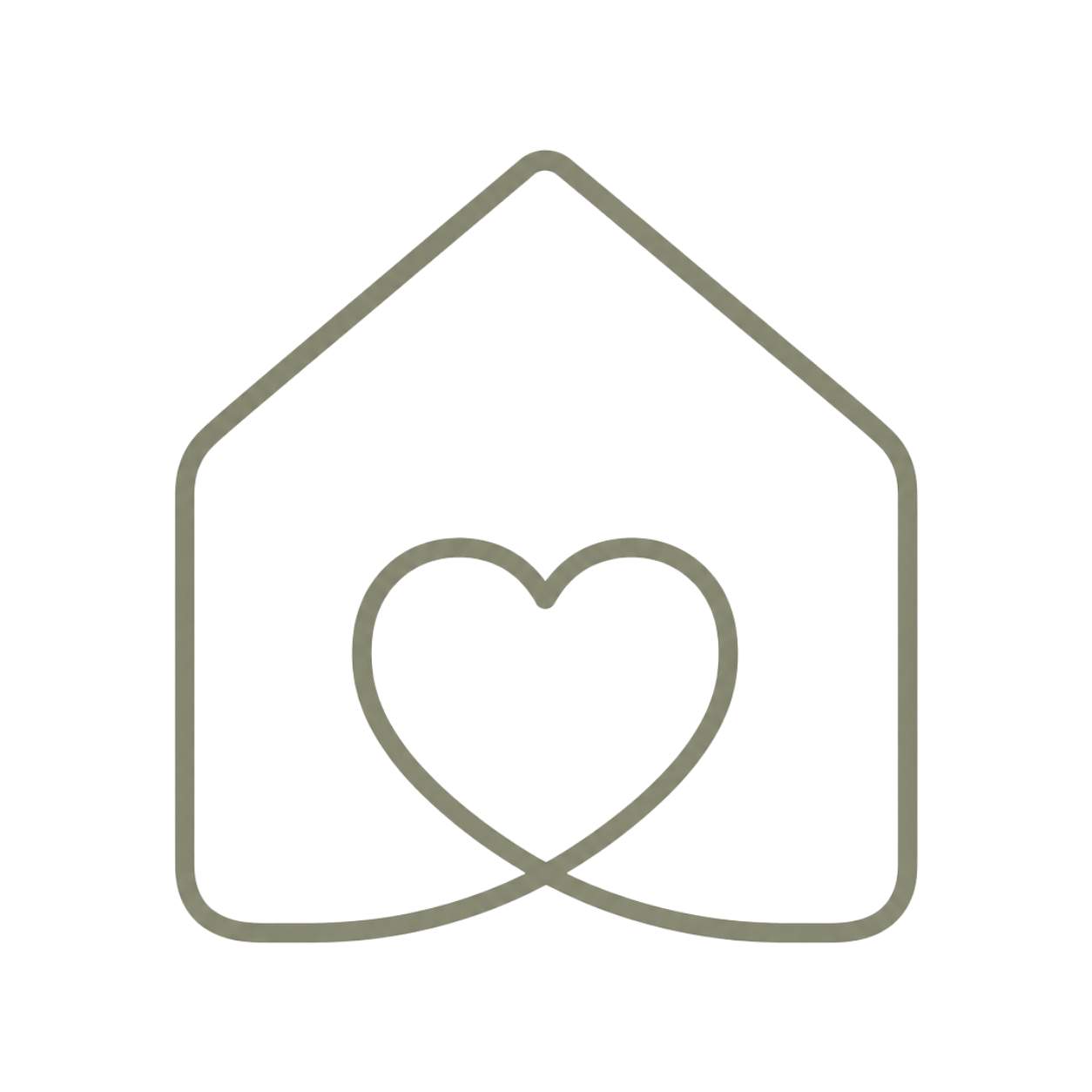 Line-art illustration of a house with a heart representing home and care