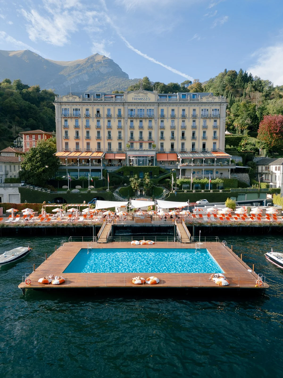 Grand Hotel Tremezzo and its iconic floating pool viewed from Lake Como.
