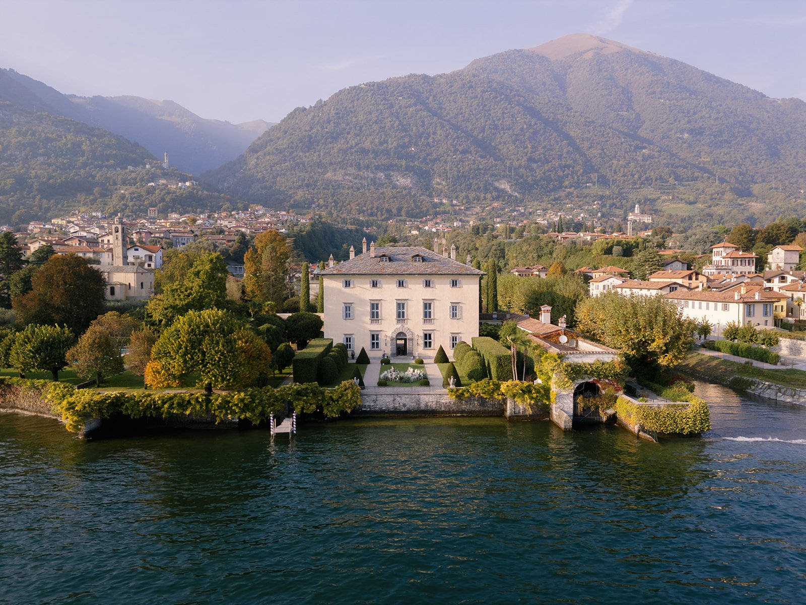 drone shot of villa balbiano from the lake