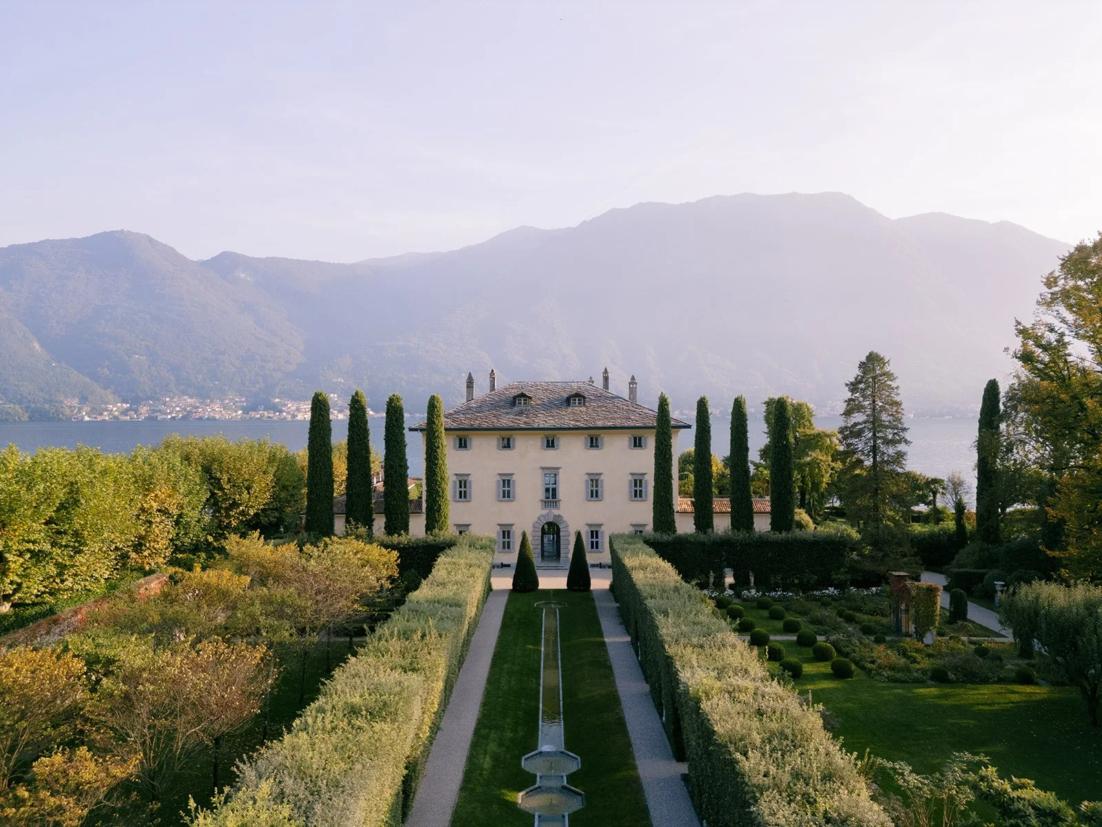 aerial shot of villa balbiano showing the hedged path the villa and the two additional gardens