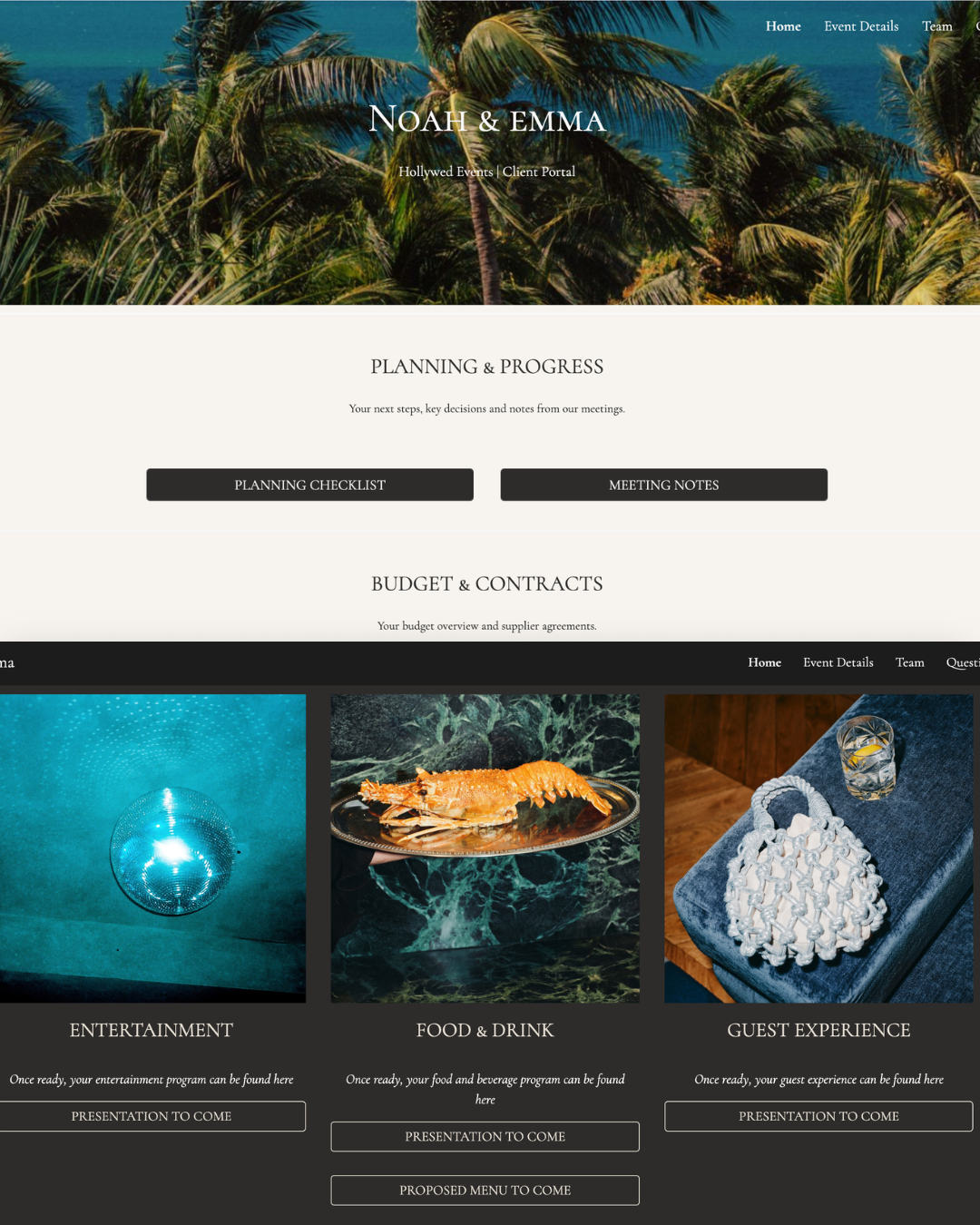 HollyWed private client planning portal with budget, checklist and meeting notes
