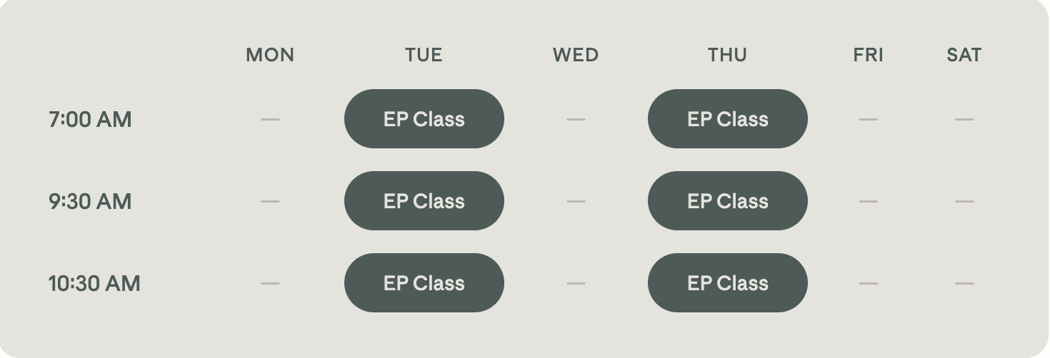 Weekly physical education class schedule with classes on Monday, Tuesday, Wednesday, Thursday, Friday, and Saturday at various times.