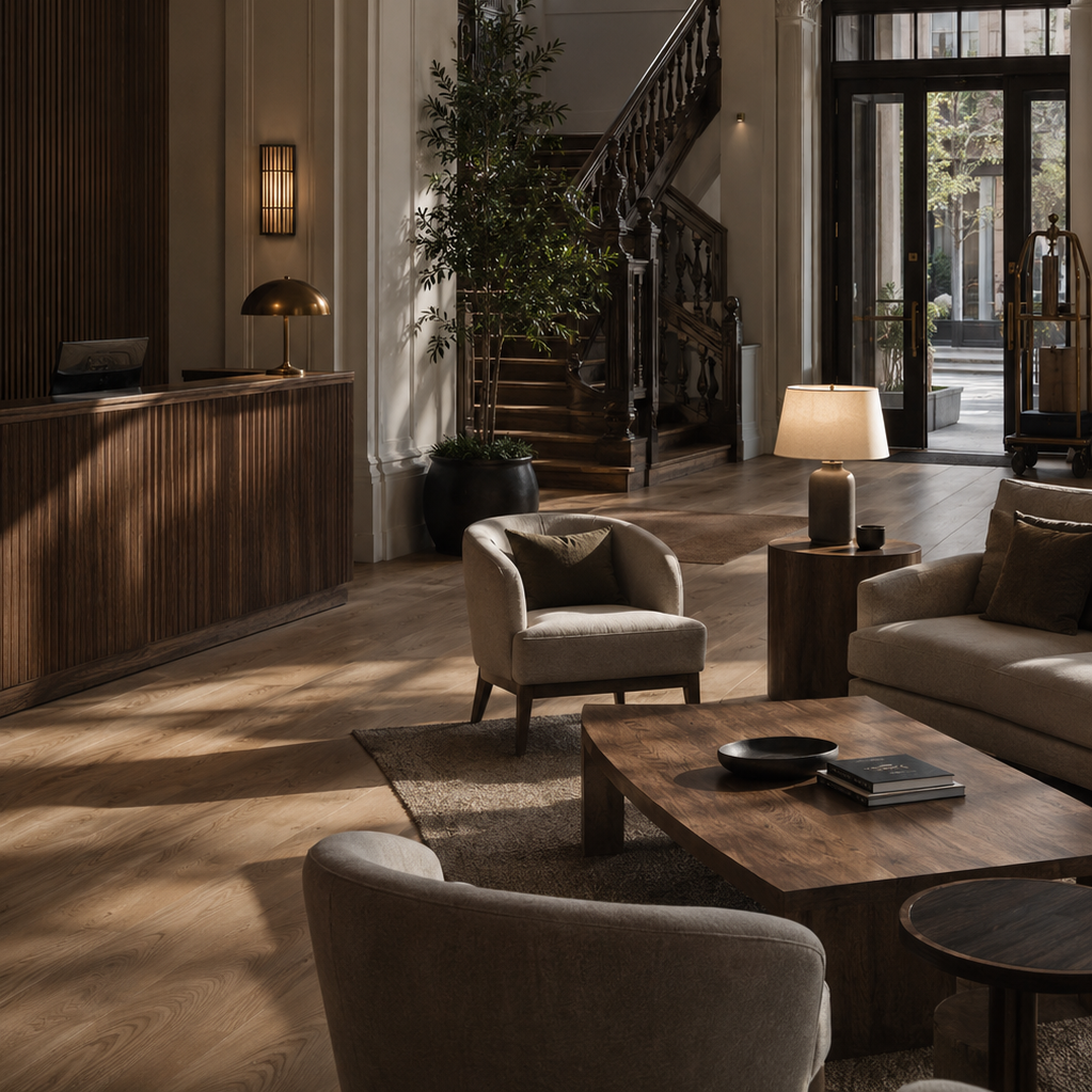 Elegant hotel lobby with a staircase, large potted plant, wooden reception desk, beige armchair, sofa, and coffee table, illuminated by soft lighting and natural sunlight through large glass doors.