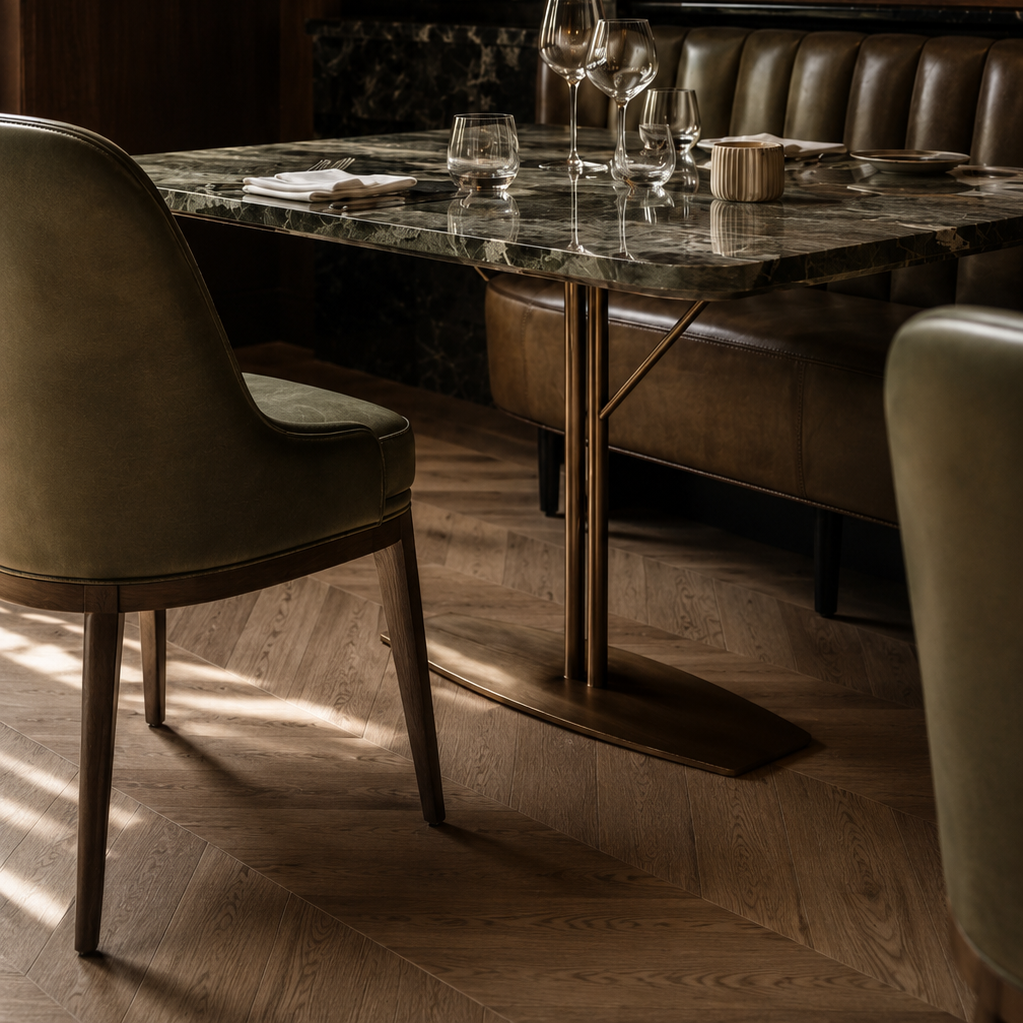 A dining table set with glassware, plates, and napkins in a dimly lit restaurant with wooden floors and leather chairs.