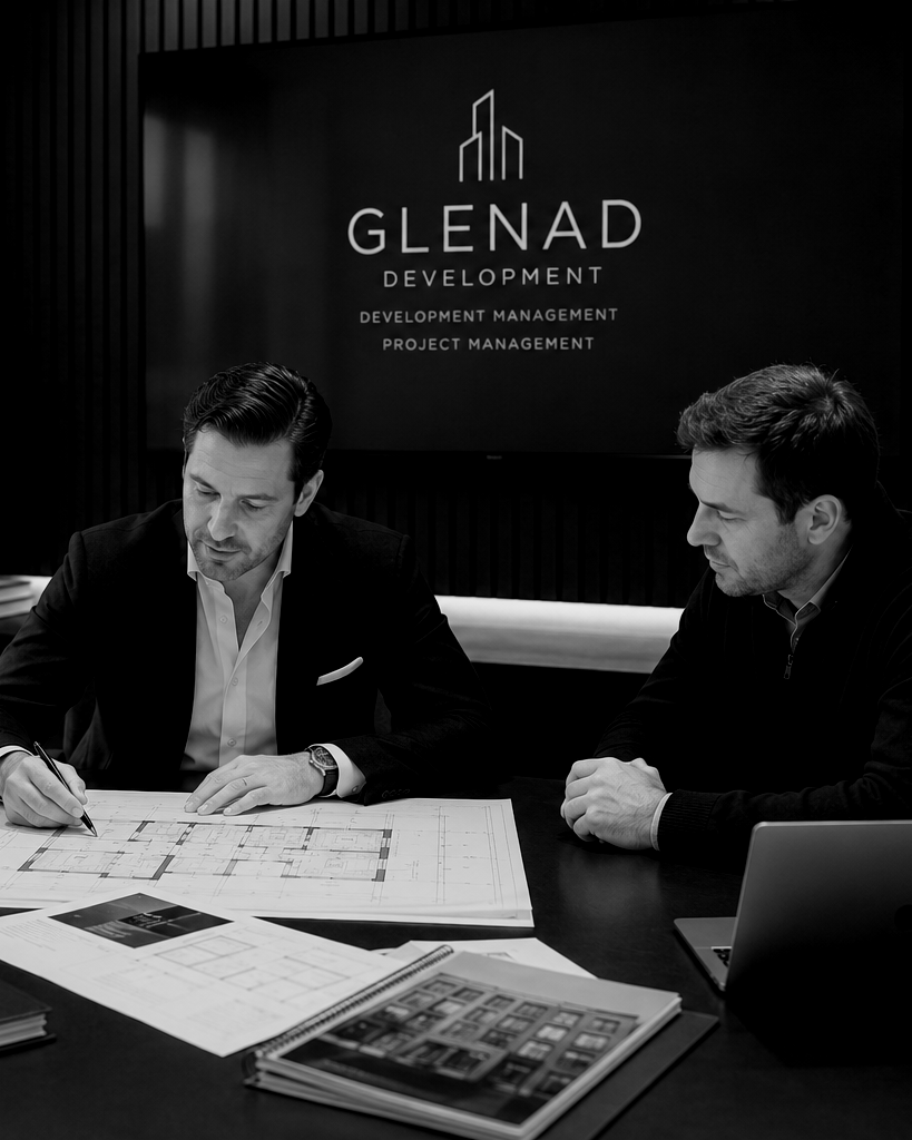 Two men in suits sitting at a table with architectural plans and documents, discussing a project at Glenad Development office.