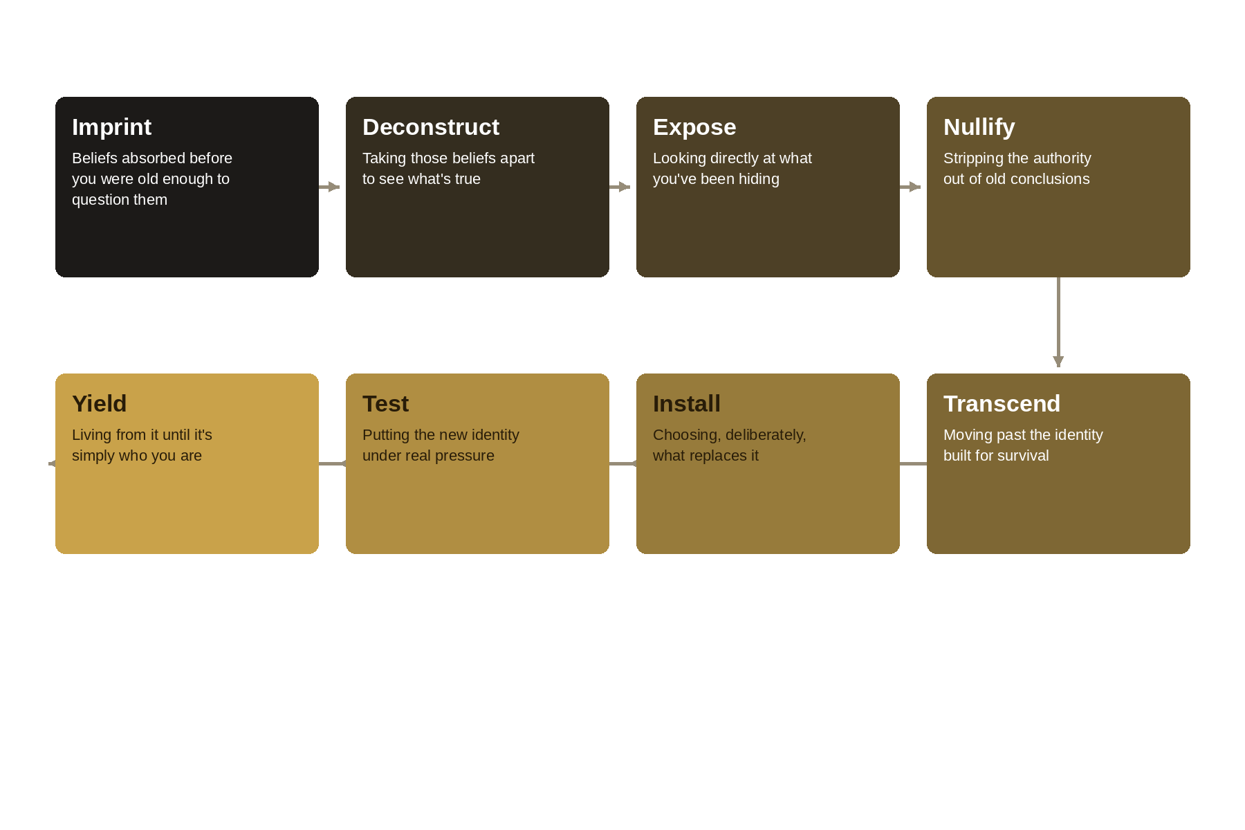 A flowchart illustrating the process of identity transformation with stages: Imprint, Deconstruct, Expose, Nullify, Yield, Test, Install, and Transcend, using different shades of brown and black for each stage.