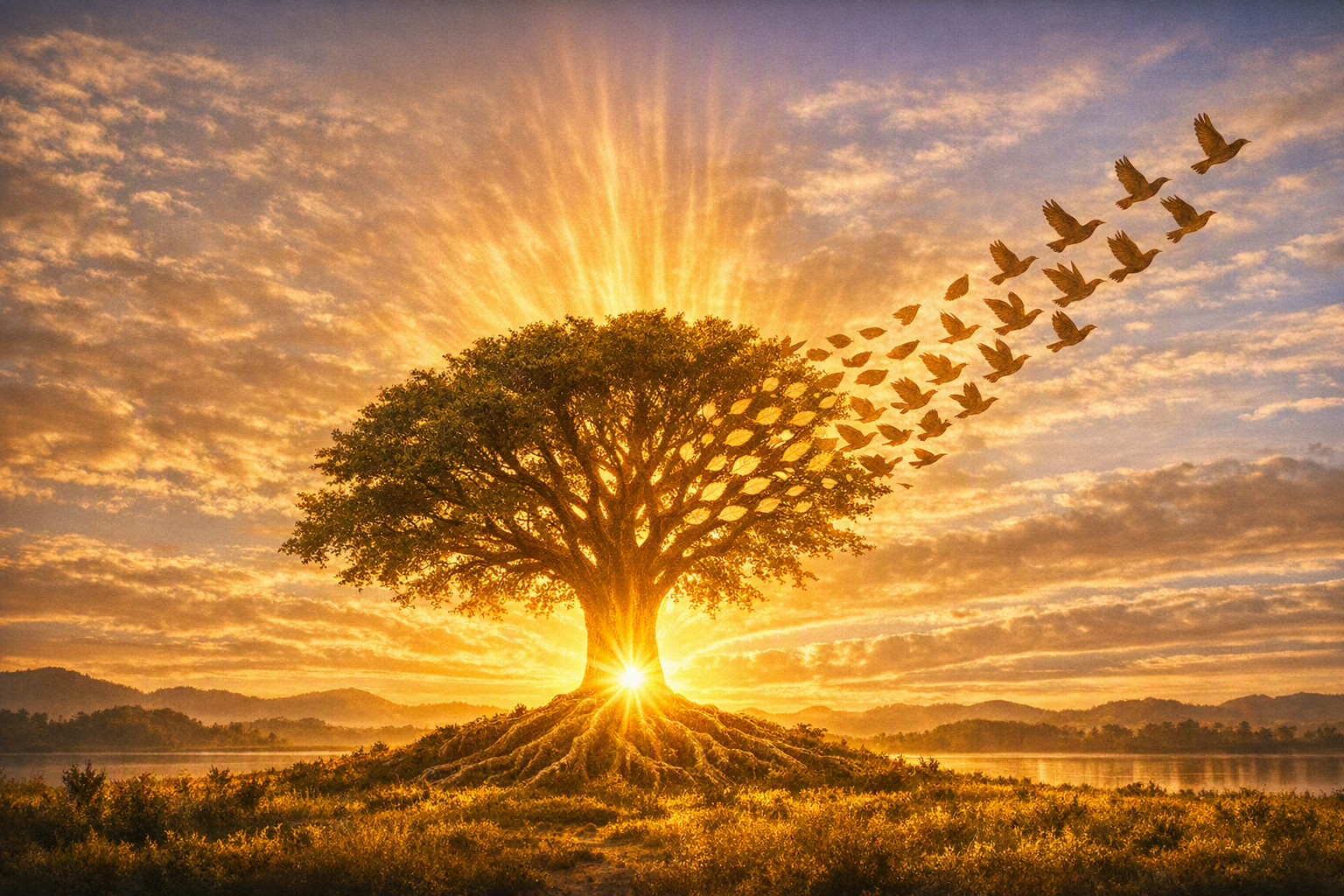 A large tree with sunlight shining through its roots and branches, set against a sunset sky with clouds and a flock of flying birds in the background.