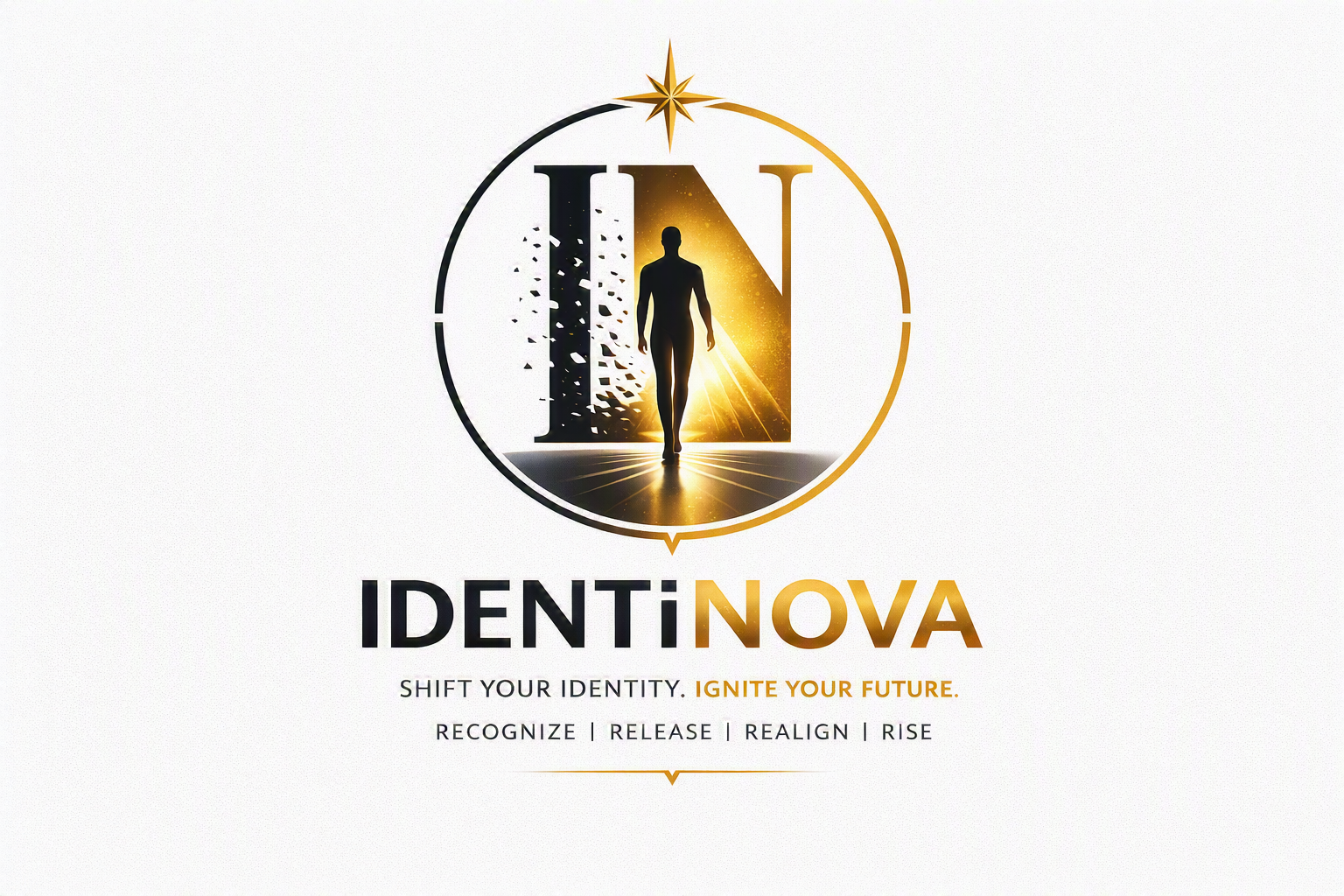 Logo for IDENTITY NOVA featuring a silhouette of a person walking toward a bright light; text reads 'SHIFT YOUR IDENTITY. IGNITE YOUR FUTURE.' with words 'Recognize', 'Release', 'Realign', and 'Rise' underneath.