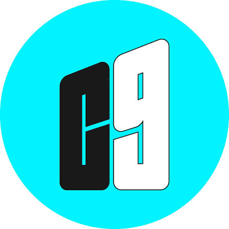 Logo with black and white stylized C9 characters on a light blue circular background.
