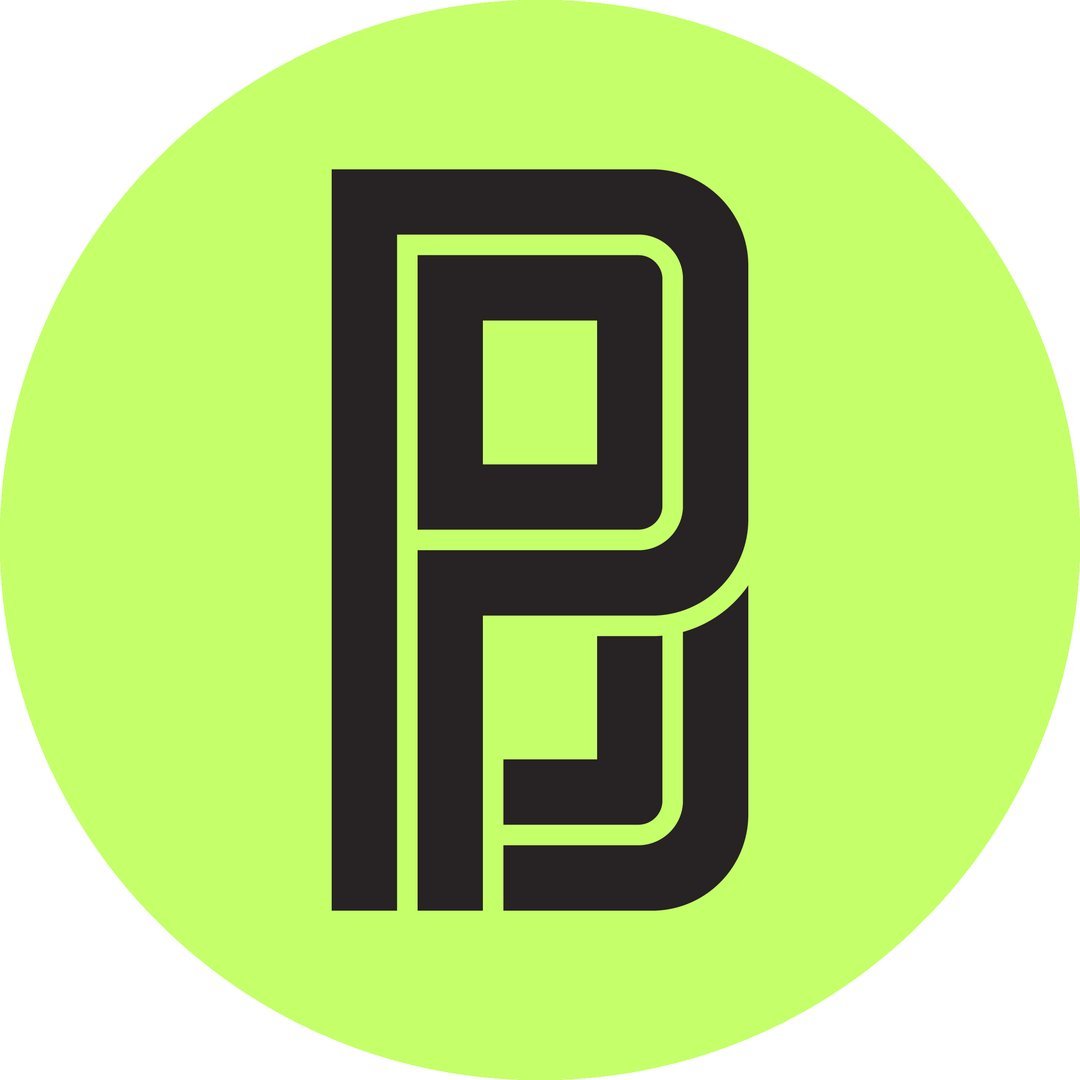 Neon green circular background with black outlined letter P and B intertwined, forming a stylized monogram.