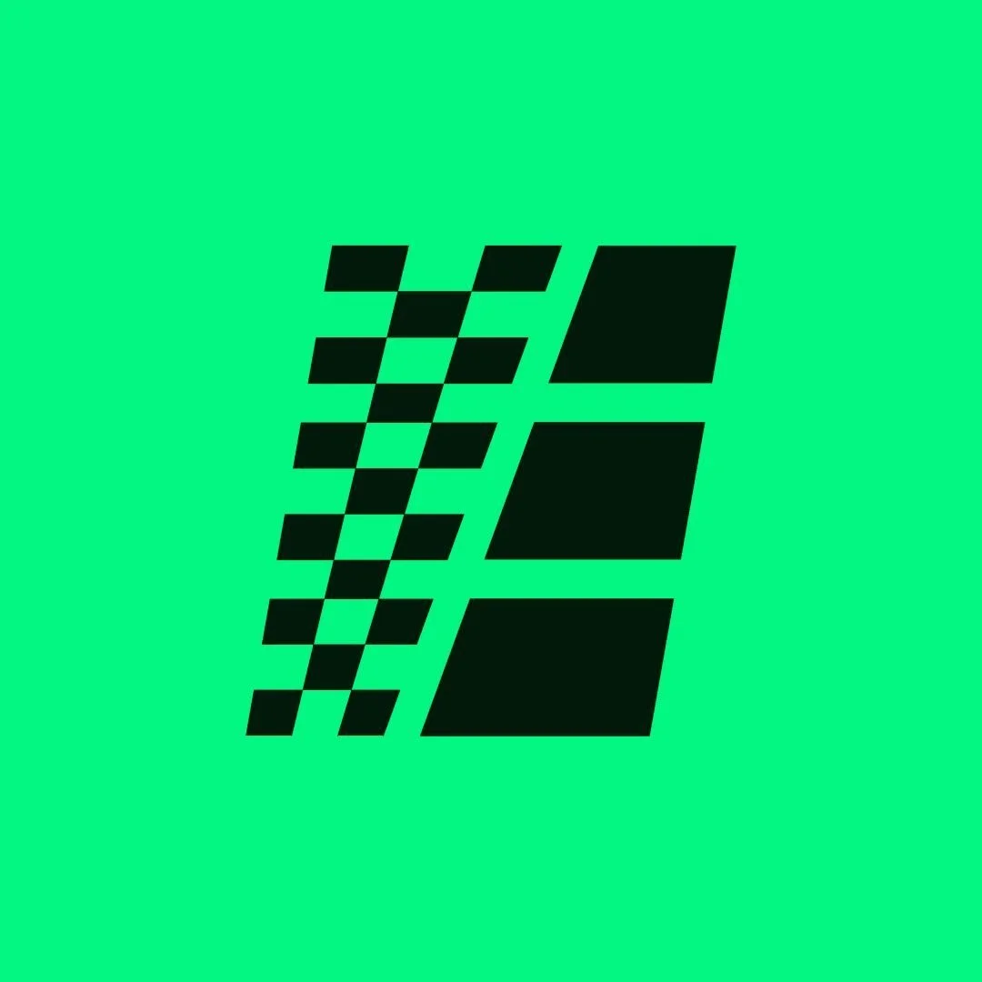 A stylized logo with black geometric shapes arranged diagonally on a bright green background.