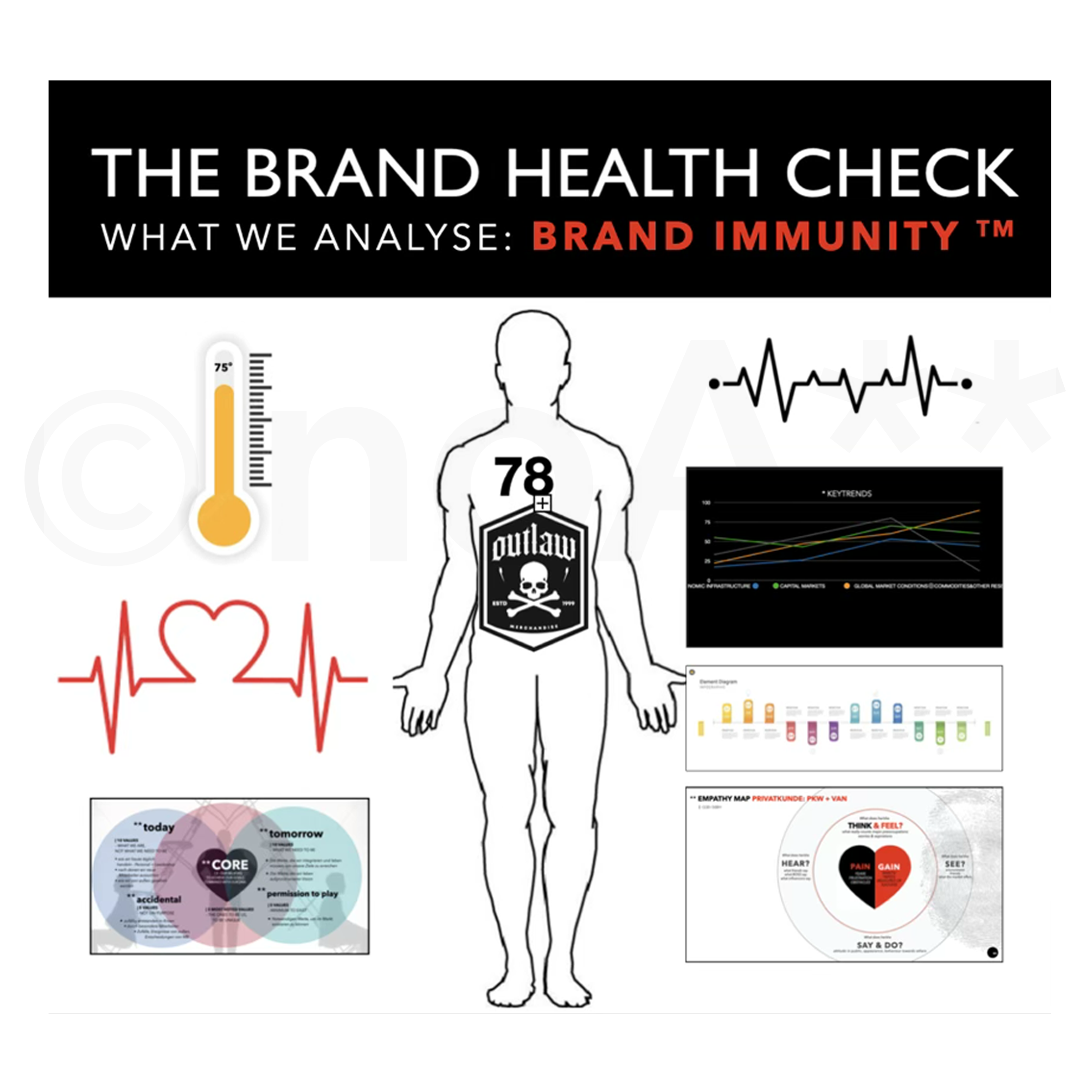 An example visual infographic, the 'Brand Immunity' as part of the  'The Brand Health Check' with graphical analyses of the brand`s physical condition.