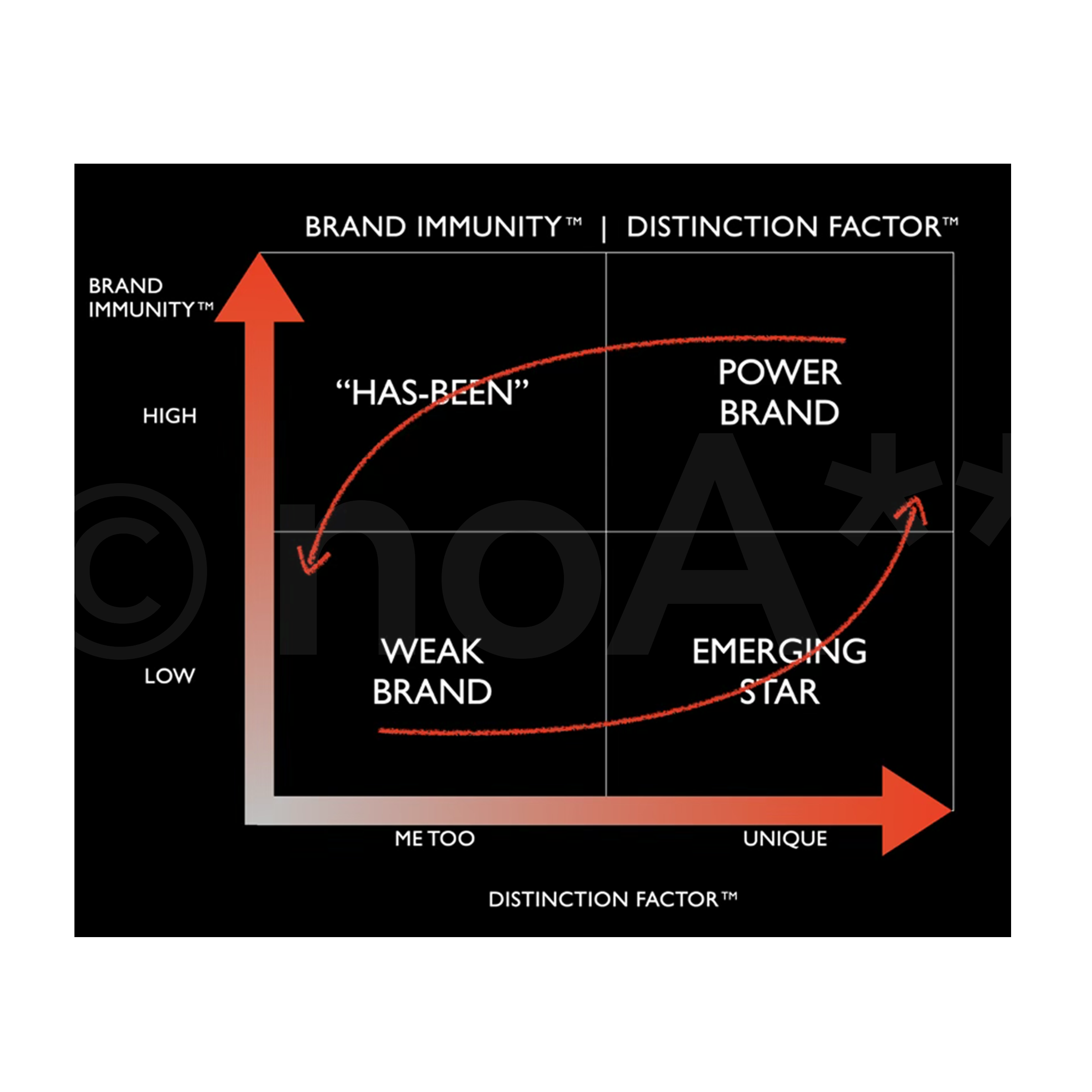 A  2x2 matrix illustrating the relationship between 'Brand Immunity™' and the 'Distinction Factor™' for brands.