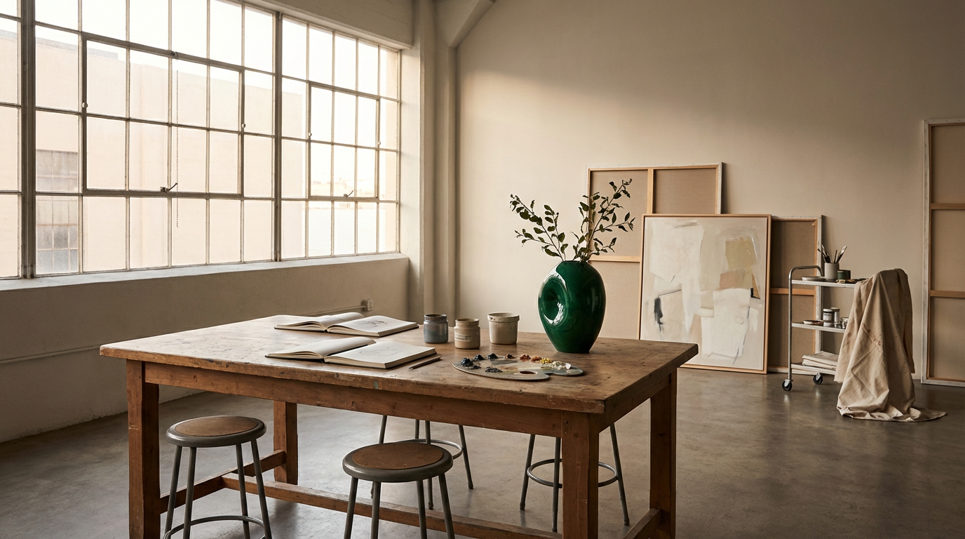 An artist's studio with a large window, a wooden table with books, paint supplies, a green vase with branches, and a rolling cart with art materials, against a white wall with empty frames and an abstract painting leaning on the floor.