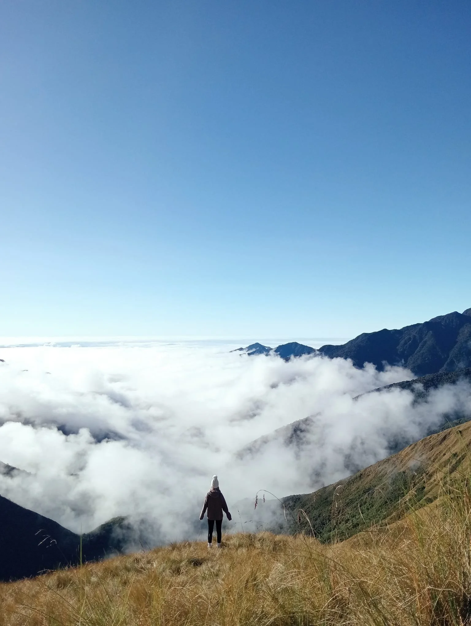 Fotografía de una persona en la cima de una montaña mirando a la niebla.
