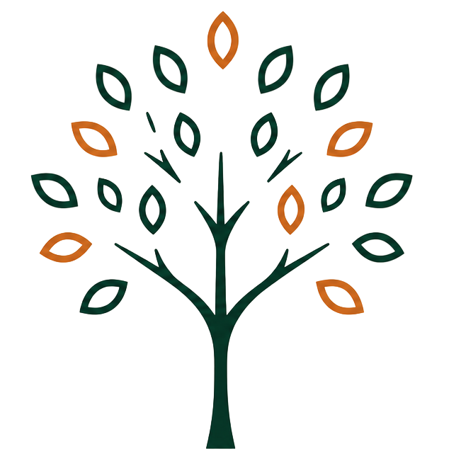 Stylized tree with green and brown leaves, no text or background.