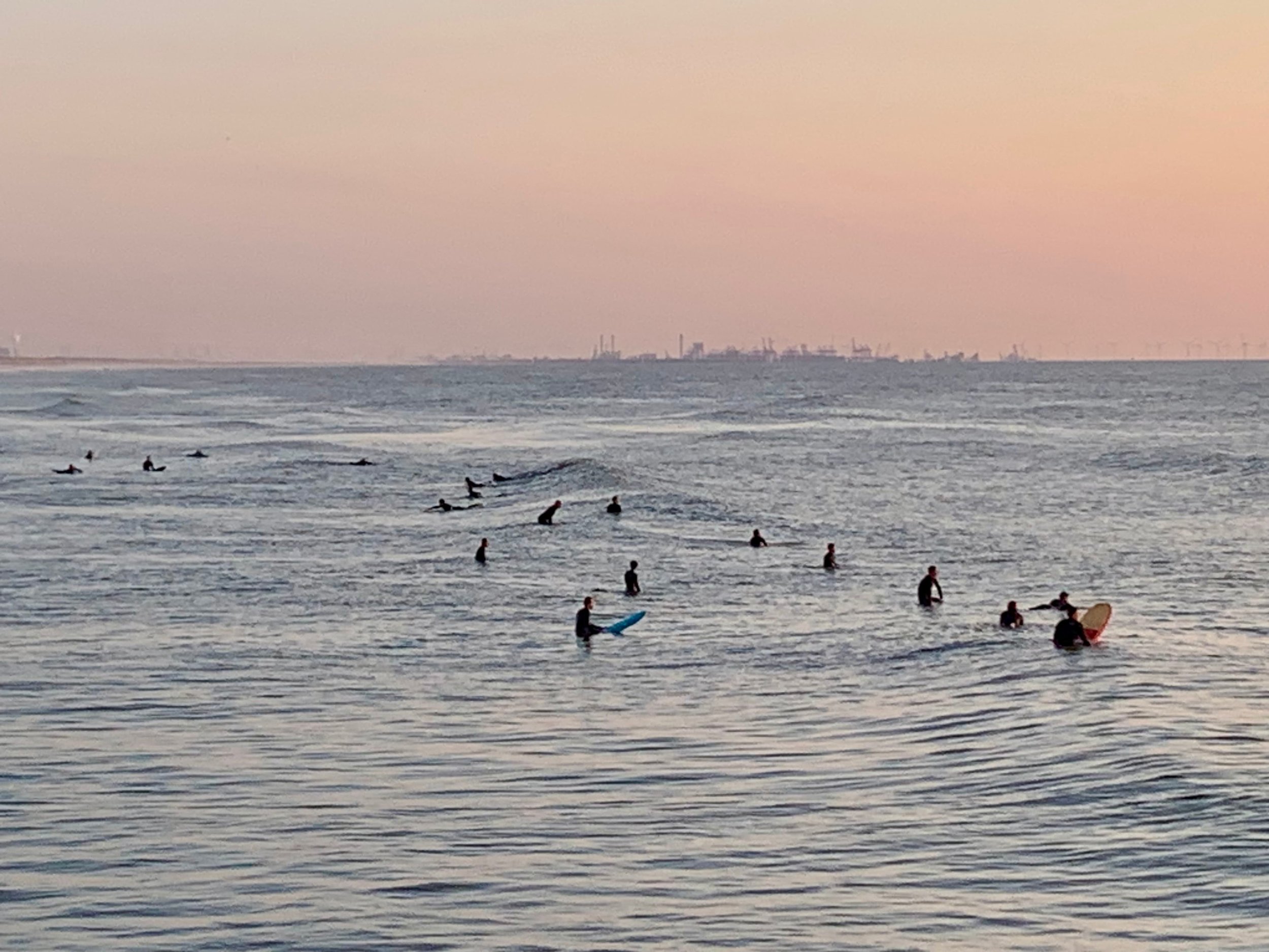 Surfers waiting in calm North Sea water at dusk, the cranes of the Rotterdam harbor visible in the distance