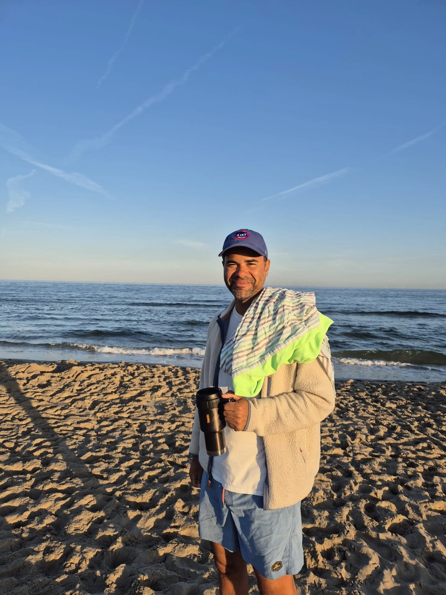 Lamin, writer of LaCoalesce - Morning coffee at Zuiderstrand, Den Haag, after an early dip