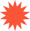A red starburst shape on a black background.