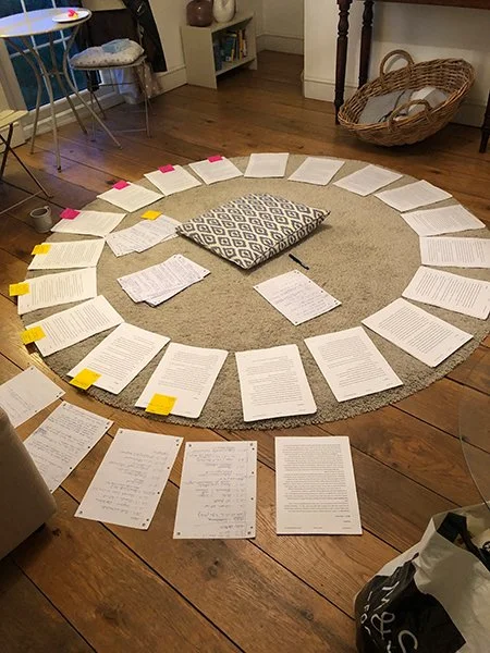A circle of papers with sticky notes around a beige rug on wooden floor, with a pillow in the center, in a living room.