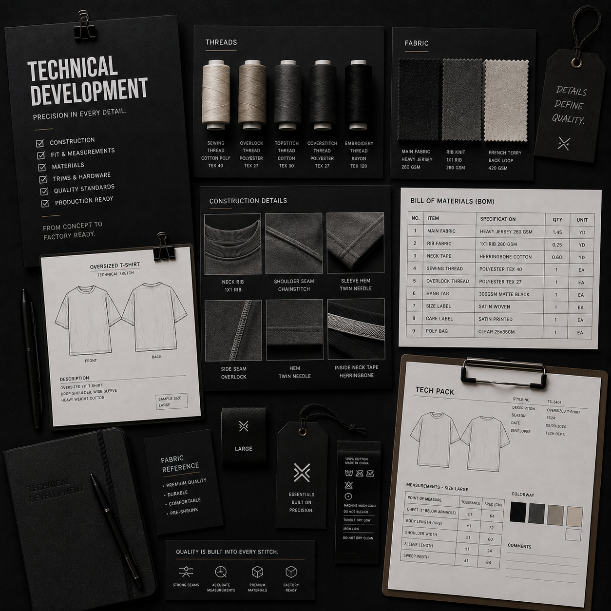 Collection of fabric samples, sewing threads, construction details, technical sketches, and informational sheets related to sewing and clothing manufacturing displayed on a table for clothing production.