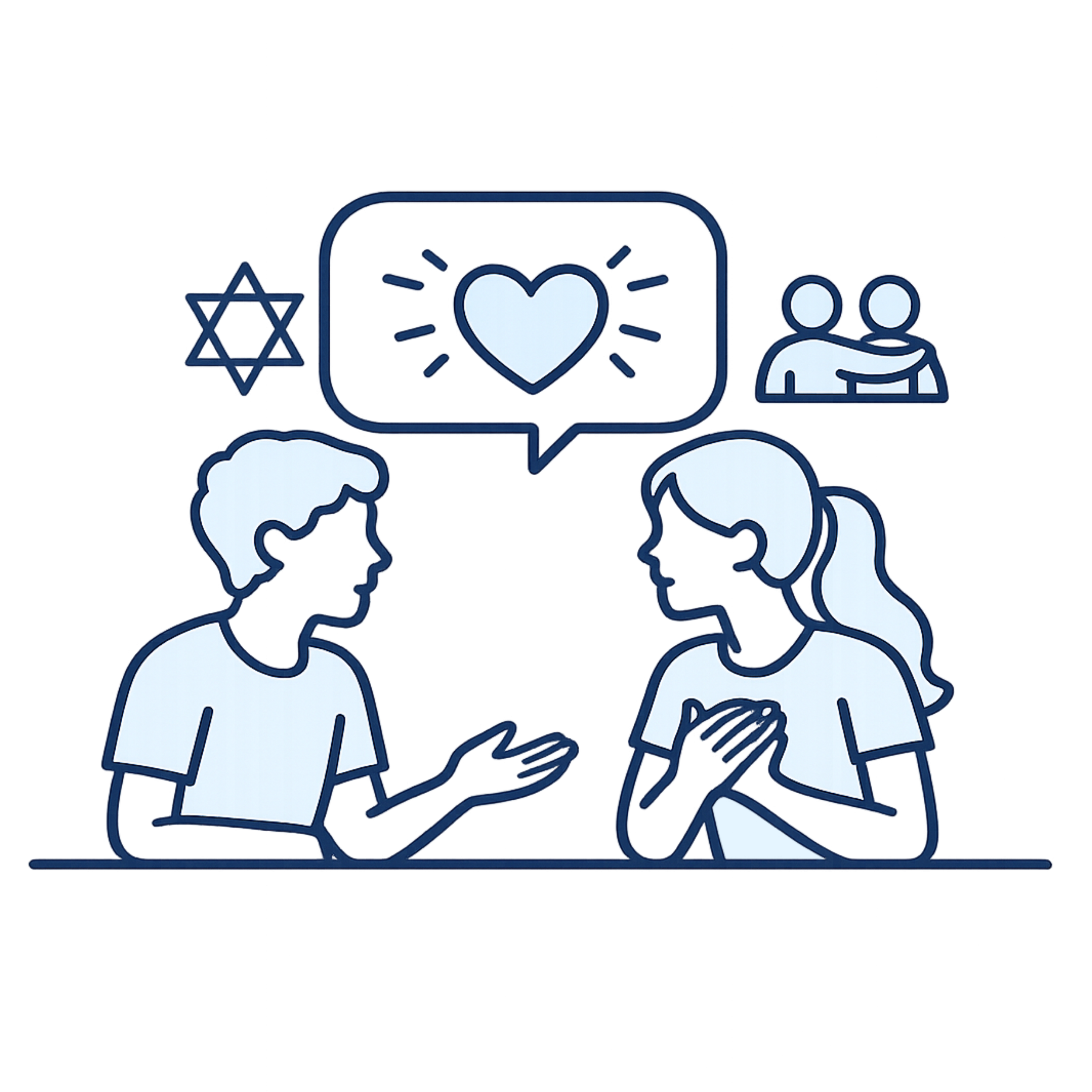 Illustration of two people talking with speech bubbles, a raised hand, and a heart symbol.