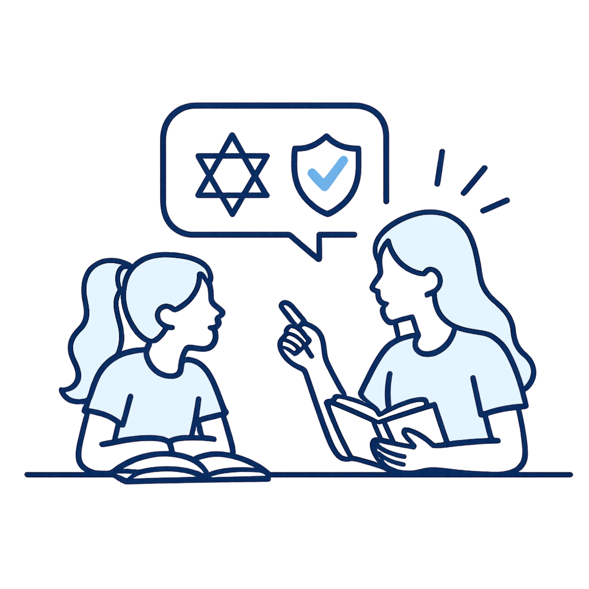 Digital illustration of two hands holding a card with a shield, checkmark, star of David, and a lock symbols, representing security, privacy, or online safety.