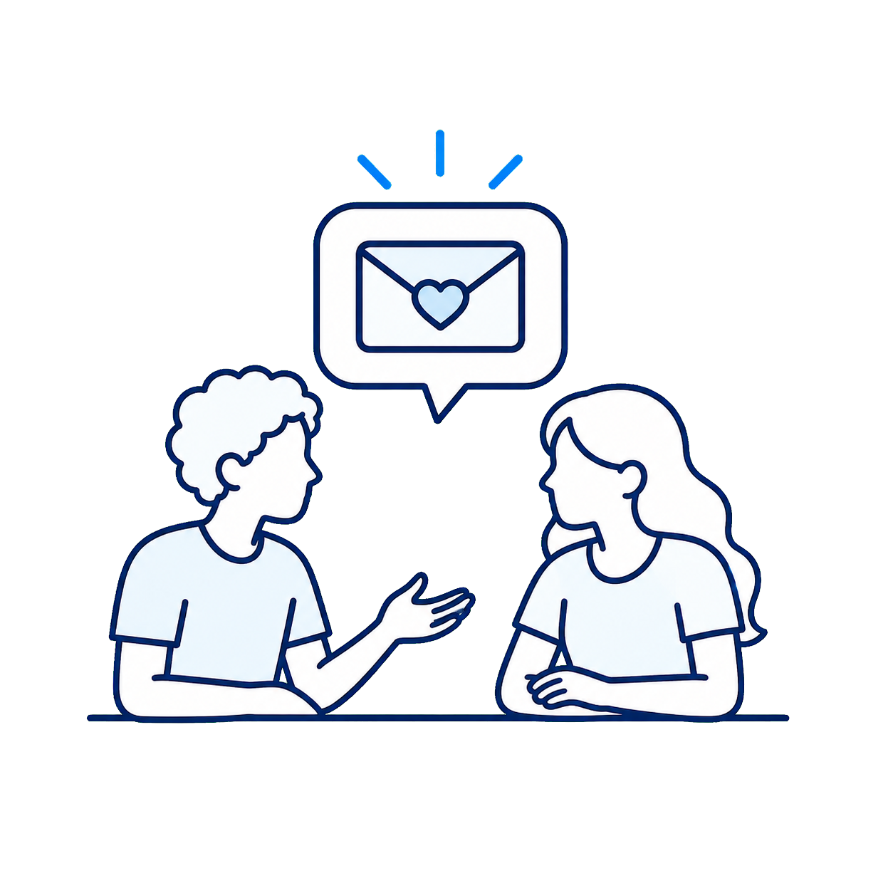 Two people having a conversation, with a speech bubble above them showing an envelope with a heart, indicating a message or love letter.