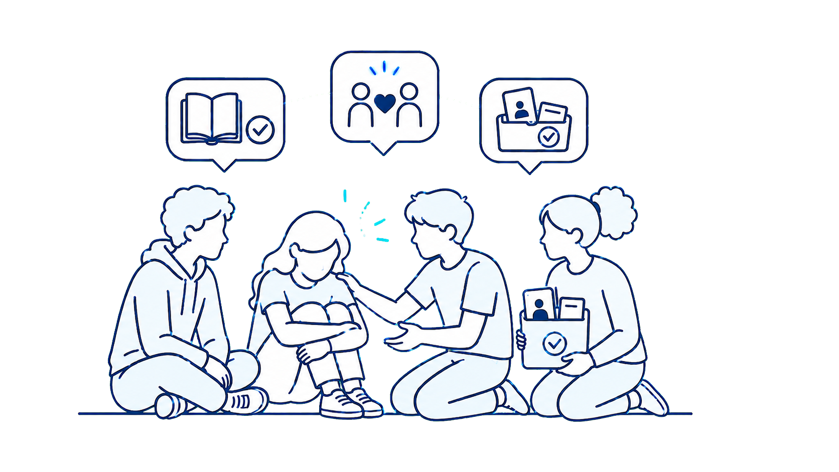 Four people sitting on the floor, comforting and talking to a girl with crutches. Above them are three icons: an open book with a checkmark, two people with a heart between them, and a box with photos and documents.