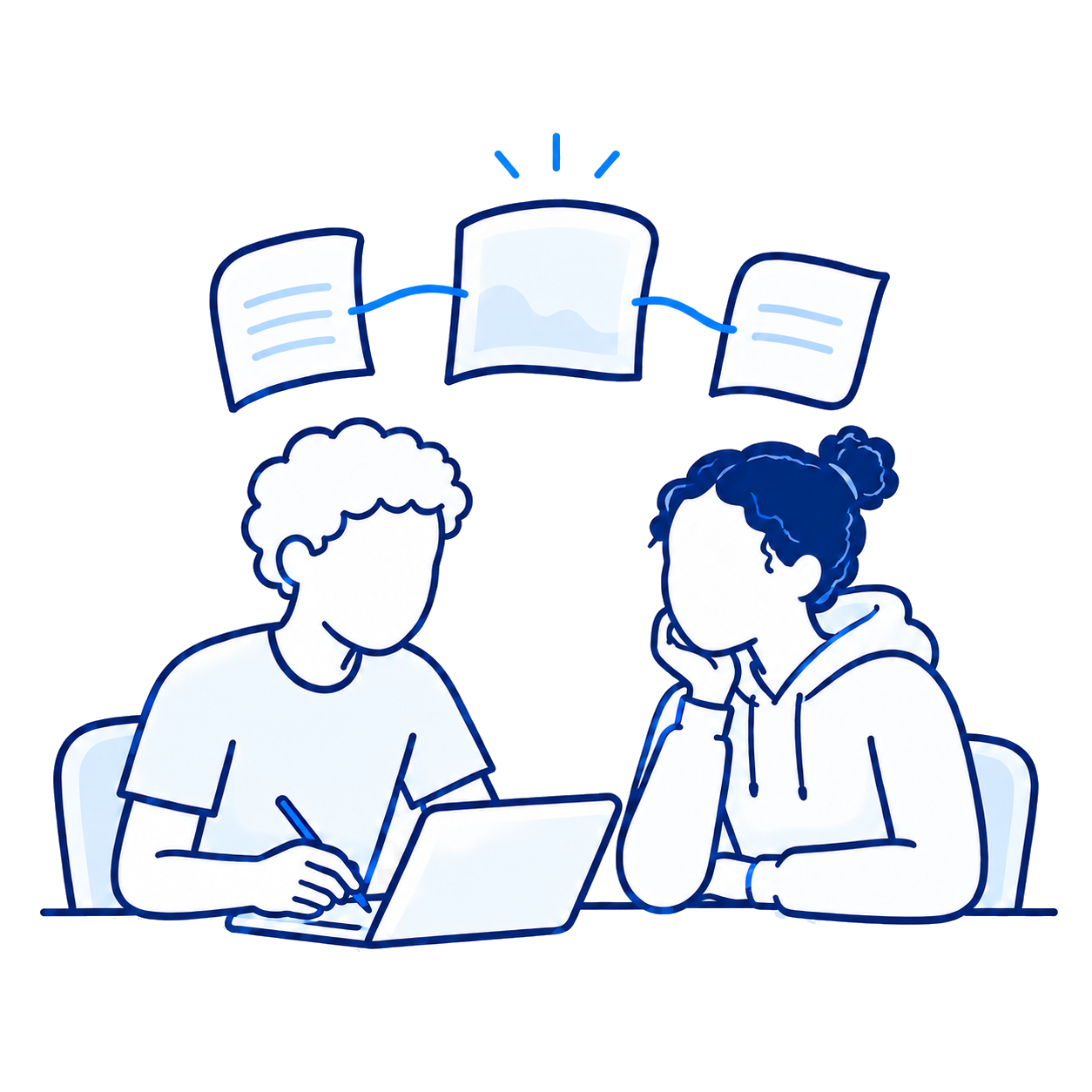 Two people sitting at a table, one writing on a tablet and the other listening, with a computer and floating books in the background.