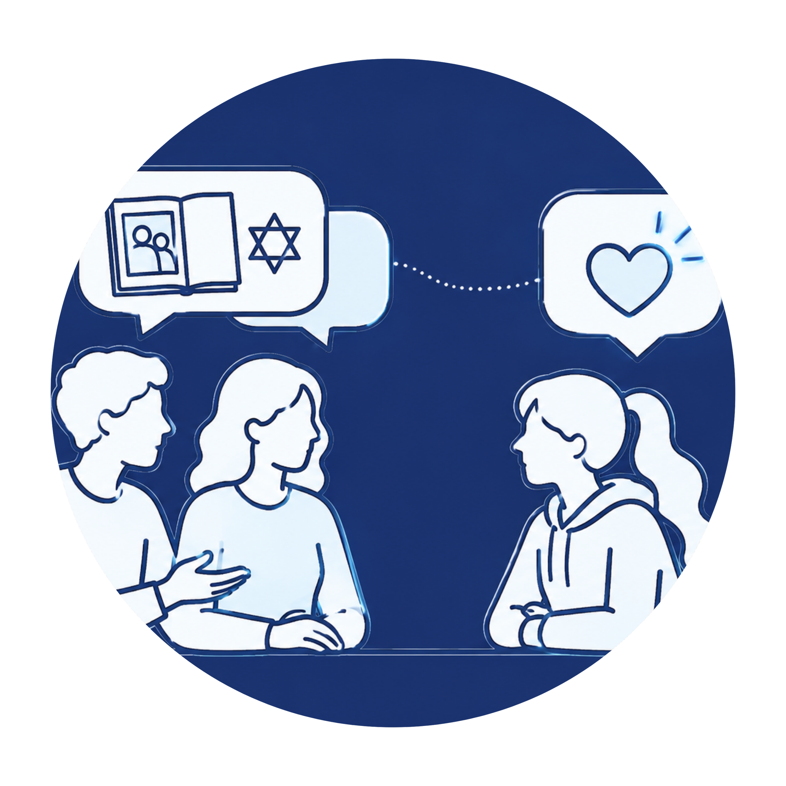 Illustration of two people shaking hands inside a speech bubble, with a star of David, an open book, and a heart with rays around it, all in blue lines.