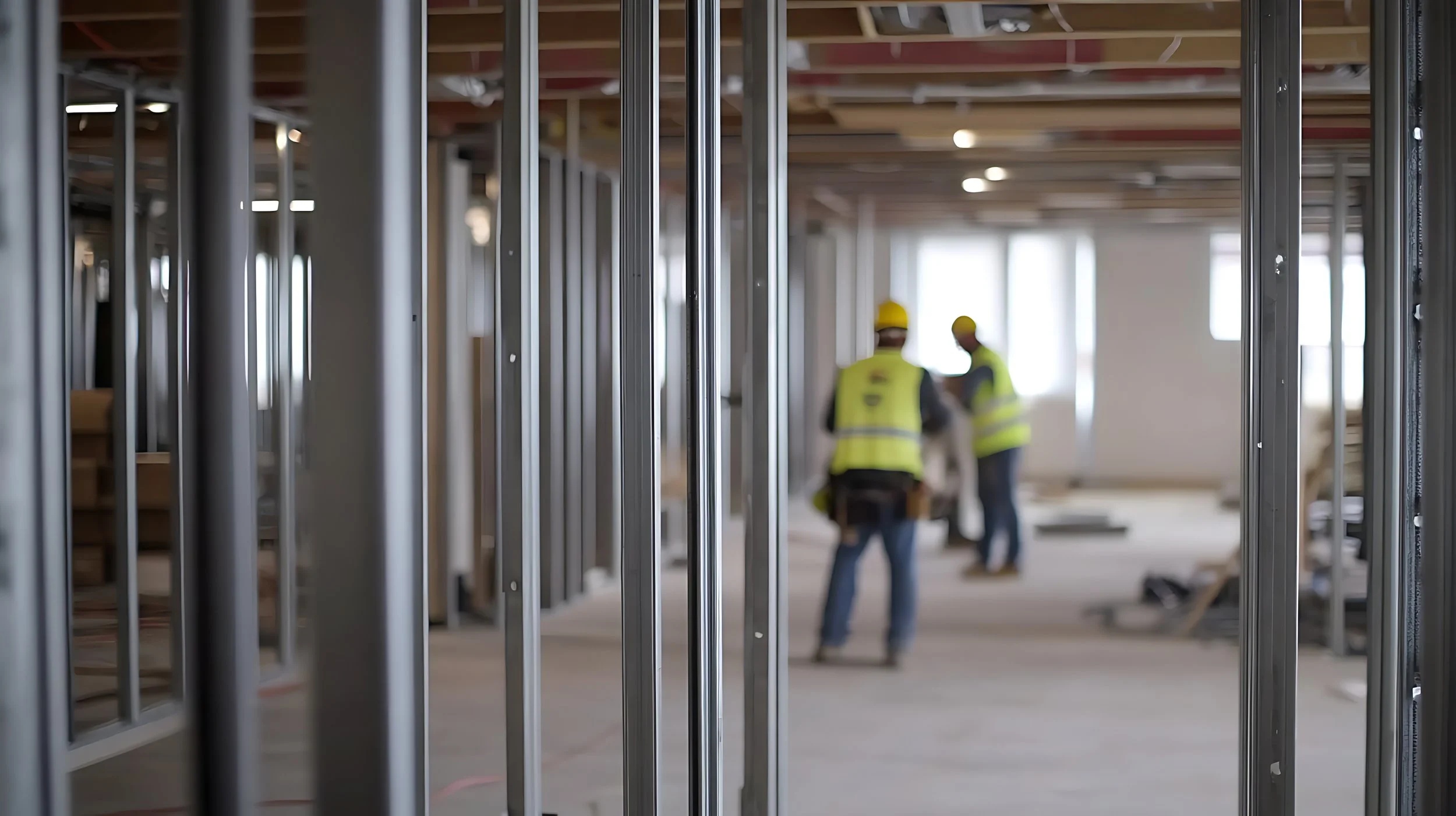 Construction workers wearing yellow safety helmets and vests working inside a building framed with metal studs.