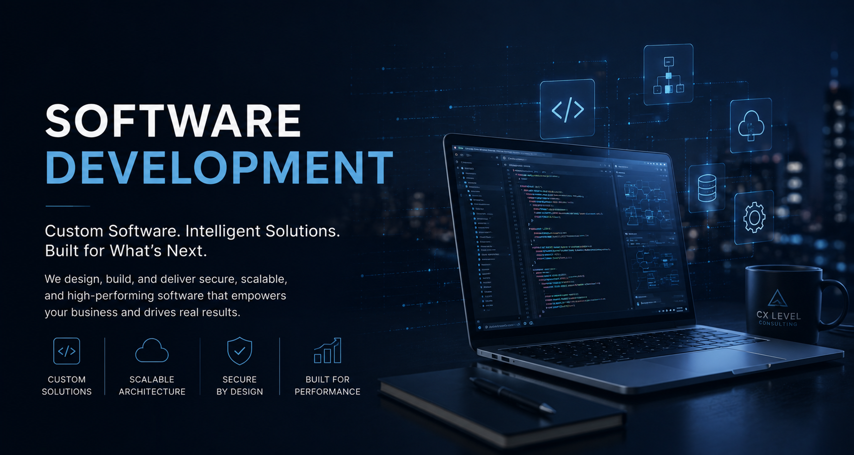 Promotional digital graphic for software development services featuring a laptop with code, a notebook, and icons representing solutions, cloud, database, and security; dark cityscape background with glowing tech icons.