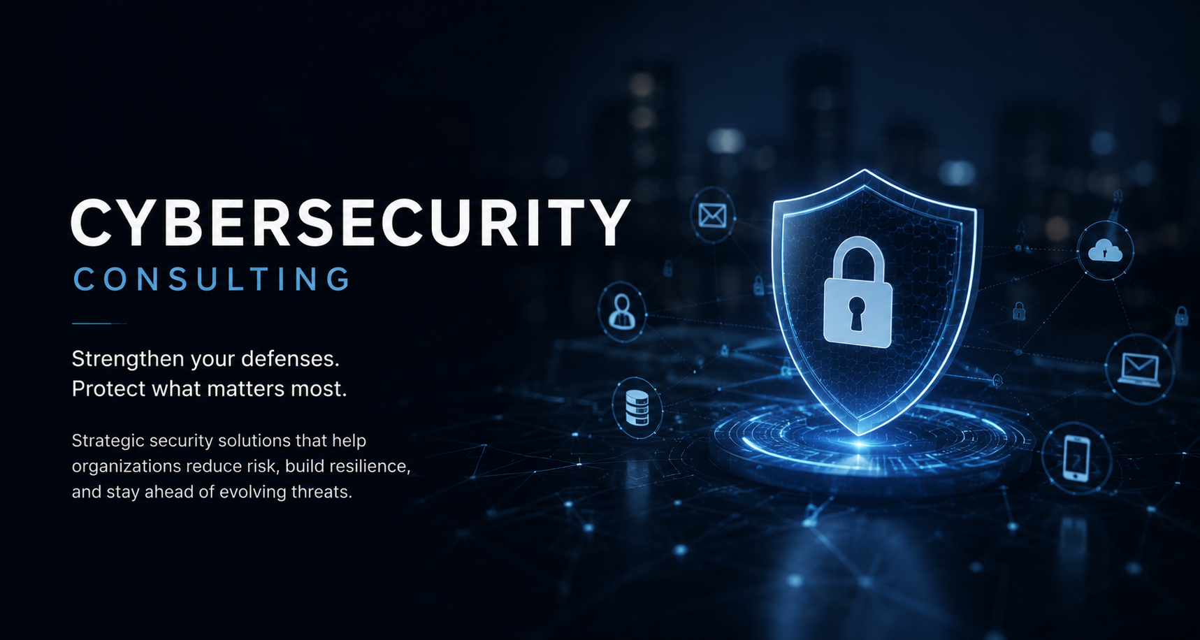 A digital graphic showing a shield with a lock symbol in the center, surrounded by icons representing email, cloud storage, mobile devices, and user profiles, illustrating cybersecurity concepts.