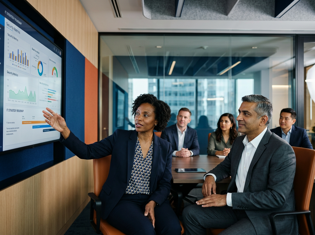 Executive technology leader presenting cybersecurity, IT strategy, and digital transformation insights to senior executives in a modern boardroom. Premium corporate photography, sophisticated, confident, strategic, and trustworthy.
