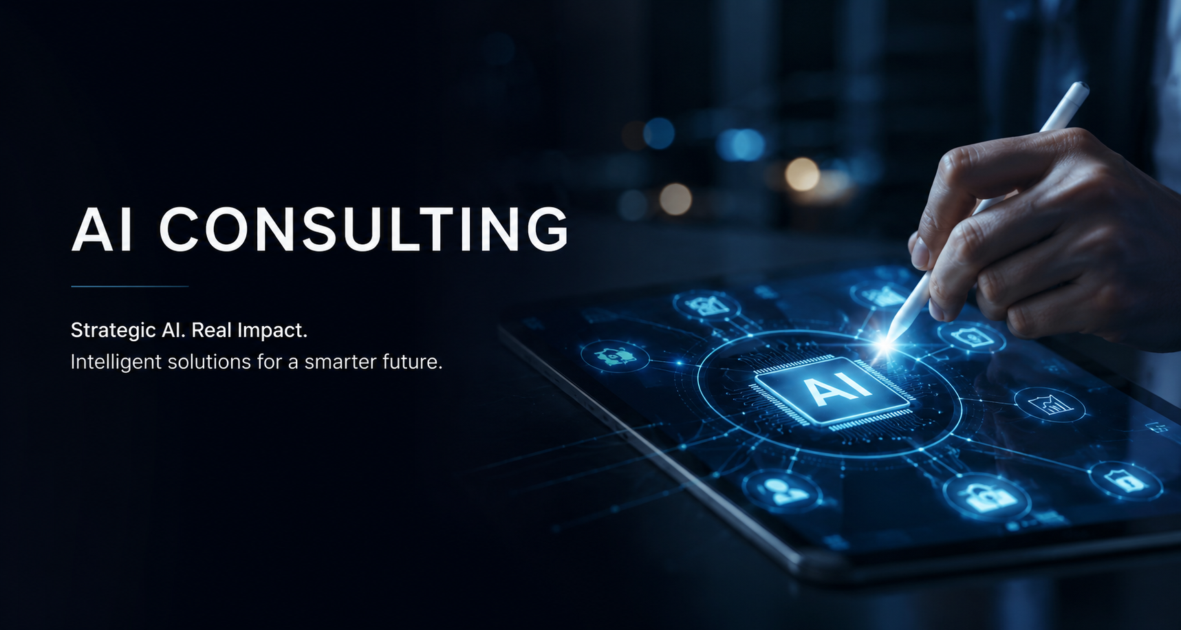 A digital graphic showing a hand using a stylus on a tablet screen with glowing blue AI and technology icons, alongside the text 'AI Consulting' and a tagline about strategic AI solutions.
