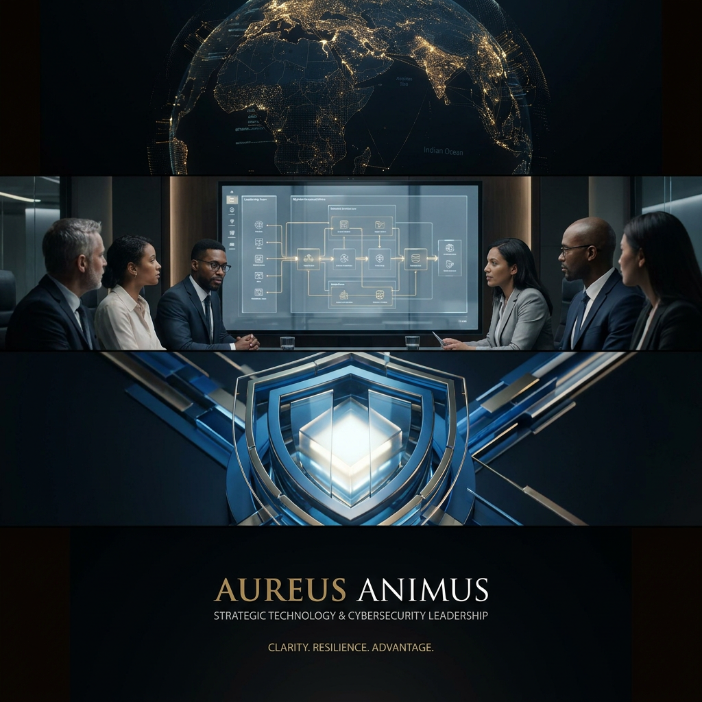 A business meeting of diverse professionals in a high-tech conference room with digital screens displaying world maps, cybersecurity graphics, and digital data, promoting strategic technology and cybersecurity leadership.
