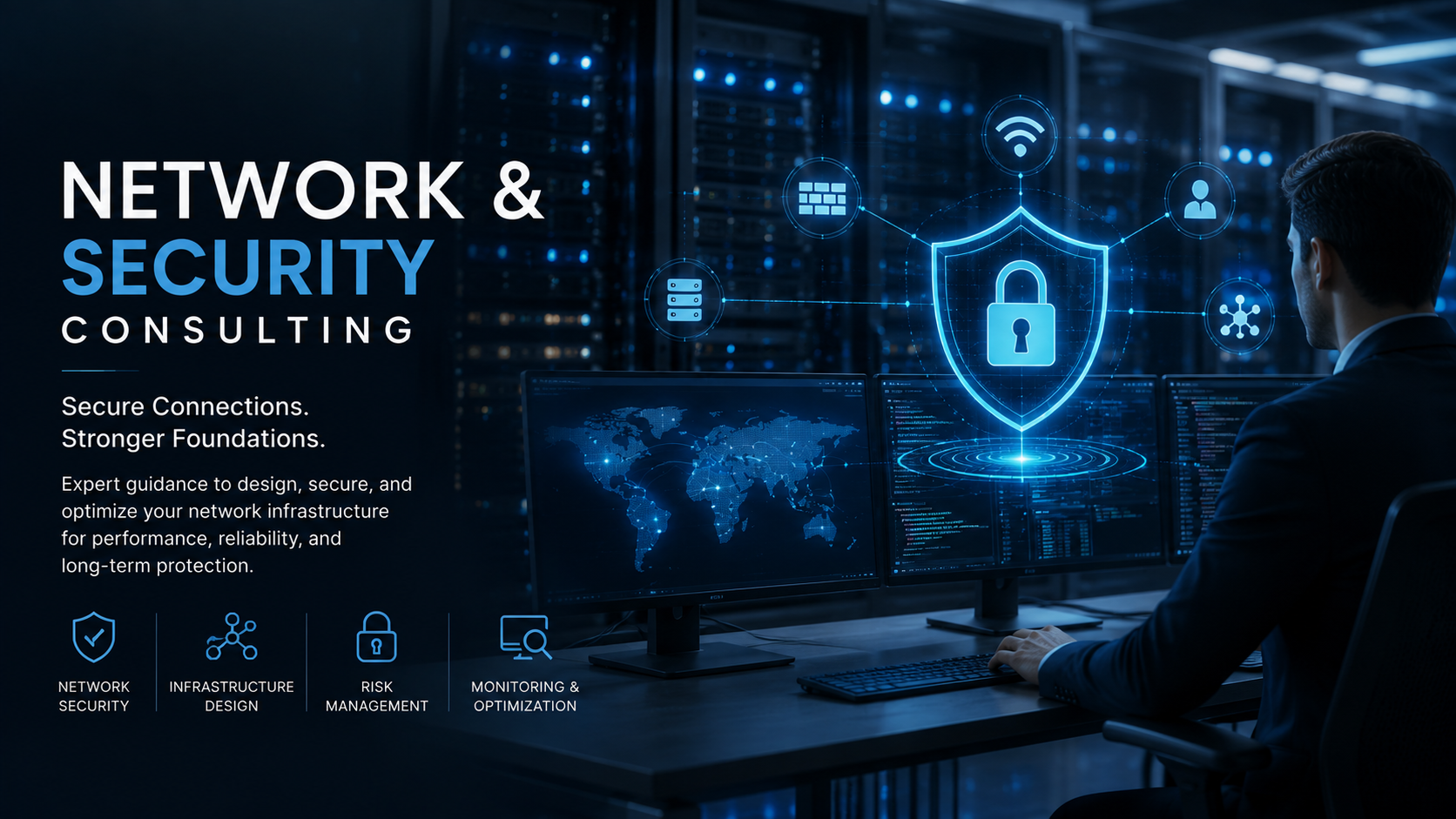 A person working at a computer in a data center, with digital graphics of a shield and lock symbol representing network security, and icons for Wi-Fi, user, server, network nodes, and monitoring around a central lock symbol.