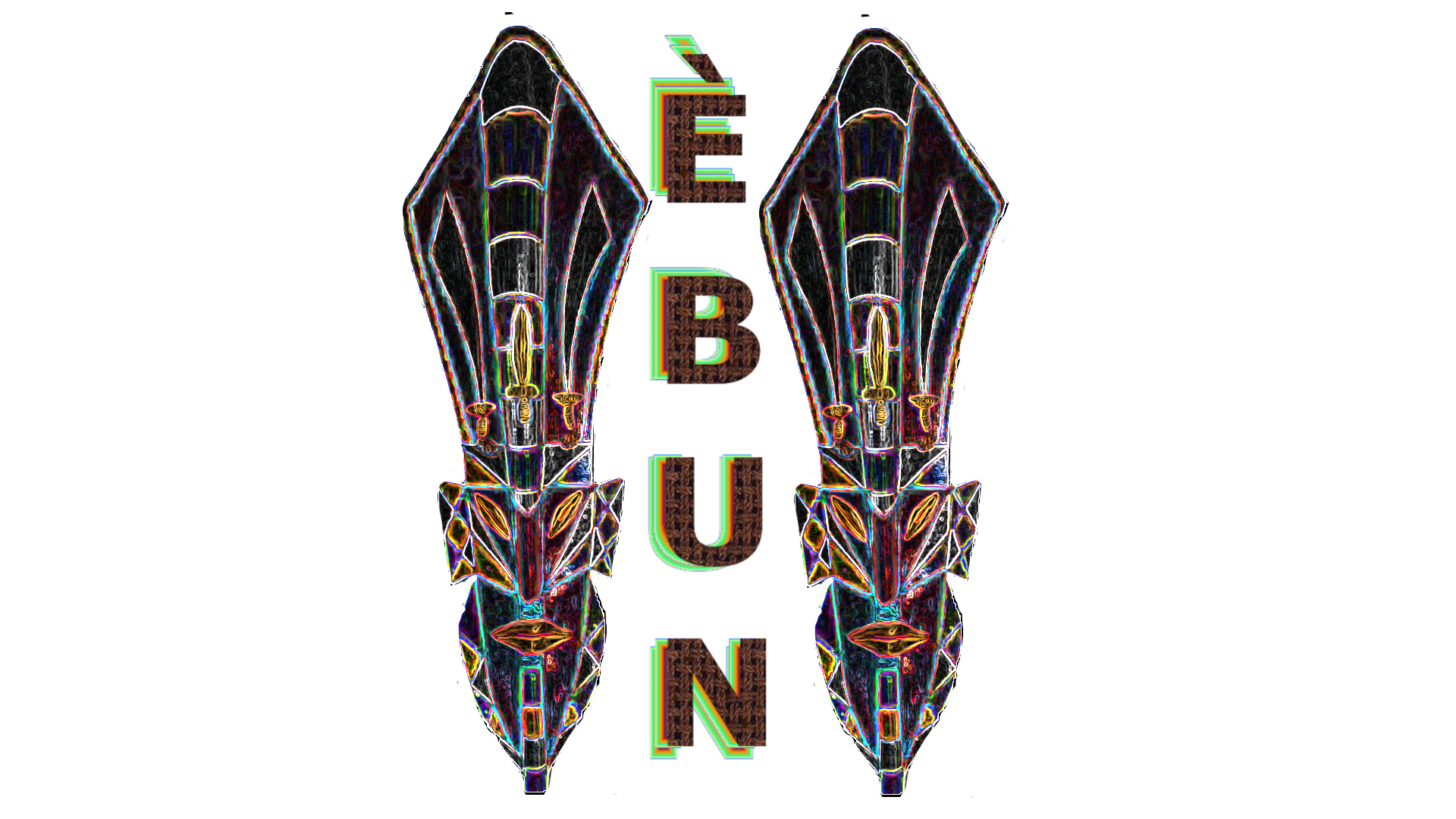 Desenho em neon de duas mãos segurando facas, com as palavras 'FBI', 'J' e 'N' ao centro em estilo de neon colorido.