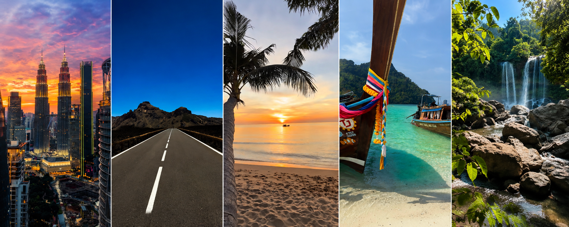 Eine Collage aus fünf Fotos: Die erste zeigt eine moderne Stadt bei Sonnenuntergang mit hohen Wolkenkratzern, die zweite eine leere Straße in einer bergigen Landschaft bei Tagesanbruch, die dritte einen Sonnenuntergang am Strand mit Palmen, die vierte ein Boot vor einer tropischen Insel im Wasser, das fünfte einen Wasserfall in einem grünen Dschungel.