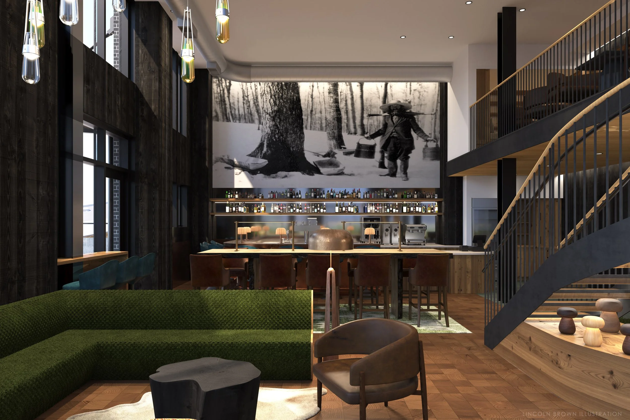 Interior of a modern bar or lounge with a large black and white forest scene mural on the wall, a bar counter with various bottles, and seating including a green textured sofa and wooden chairs. There are pendant lights hanging from the ceiling and a